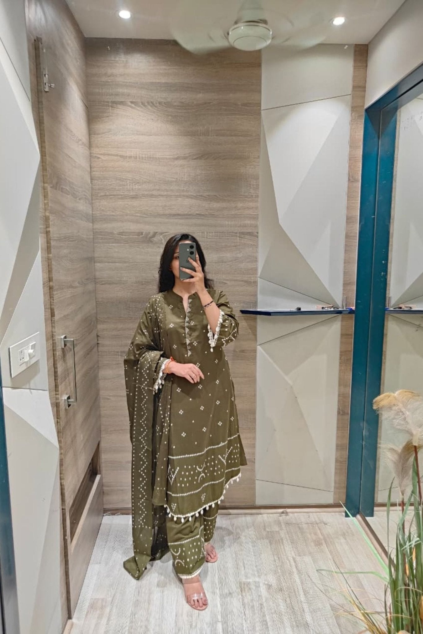 Green Three-Piece Suit with Kodiya Detailing on Sleeves With Dupatta - Freyaa USA & Canada