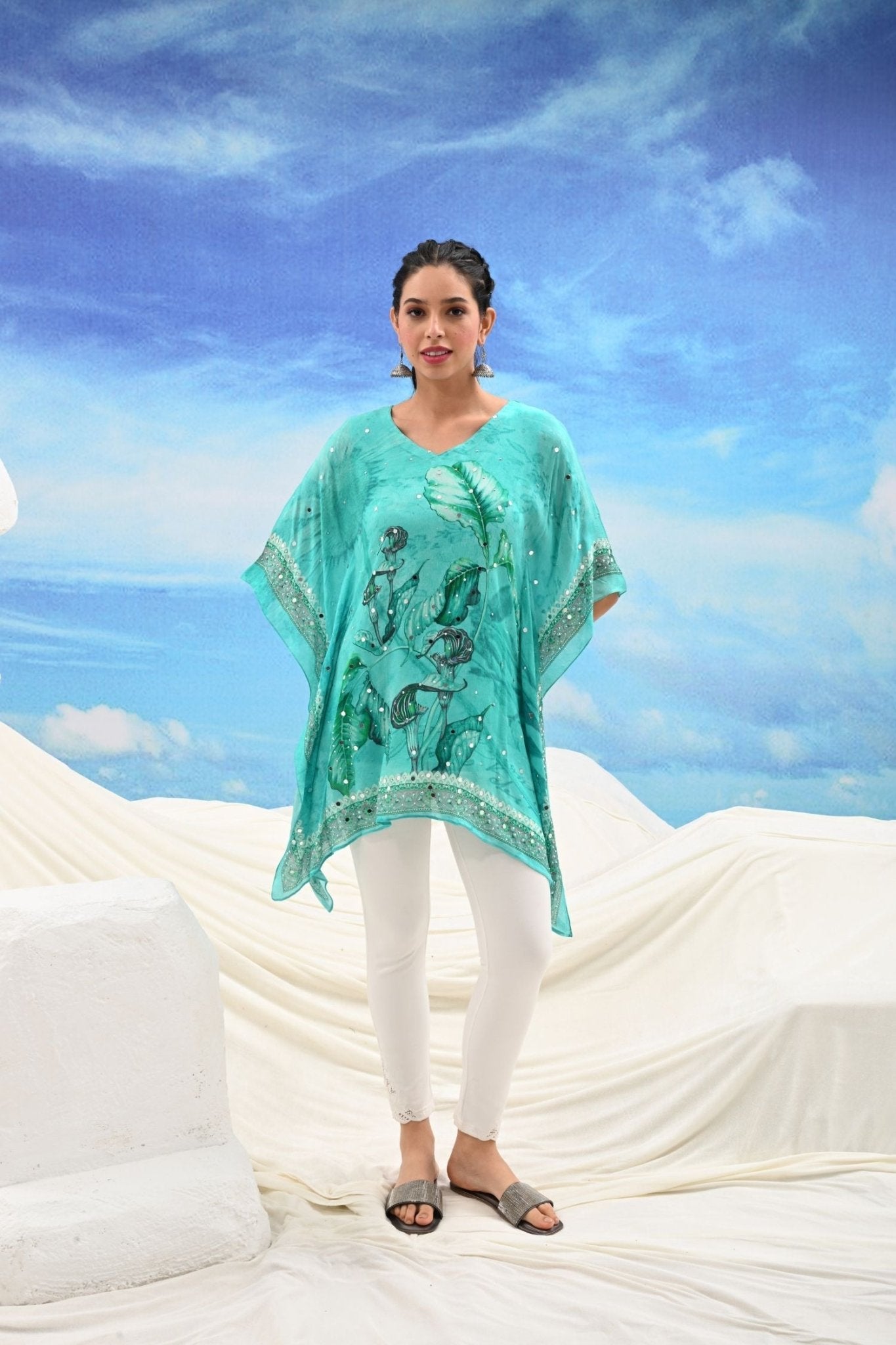 Turquoise Viscose Embroidered Kaftan Dress - Freyaa USA & Canada