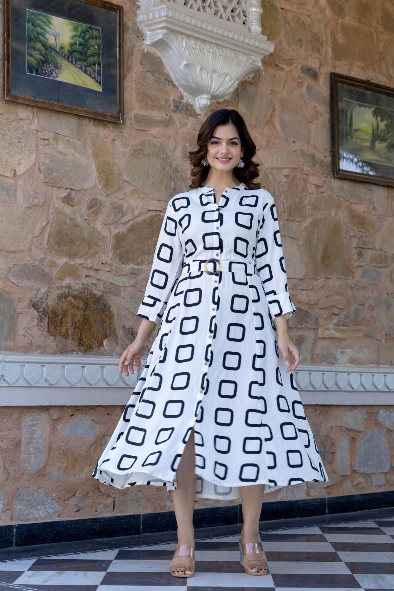 White Belted Shirt Dress with Modern Block Prints - Freyaa USA & Canada