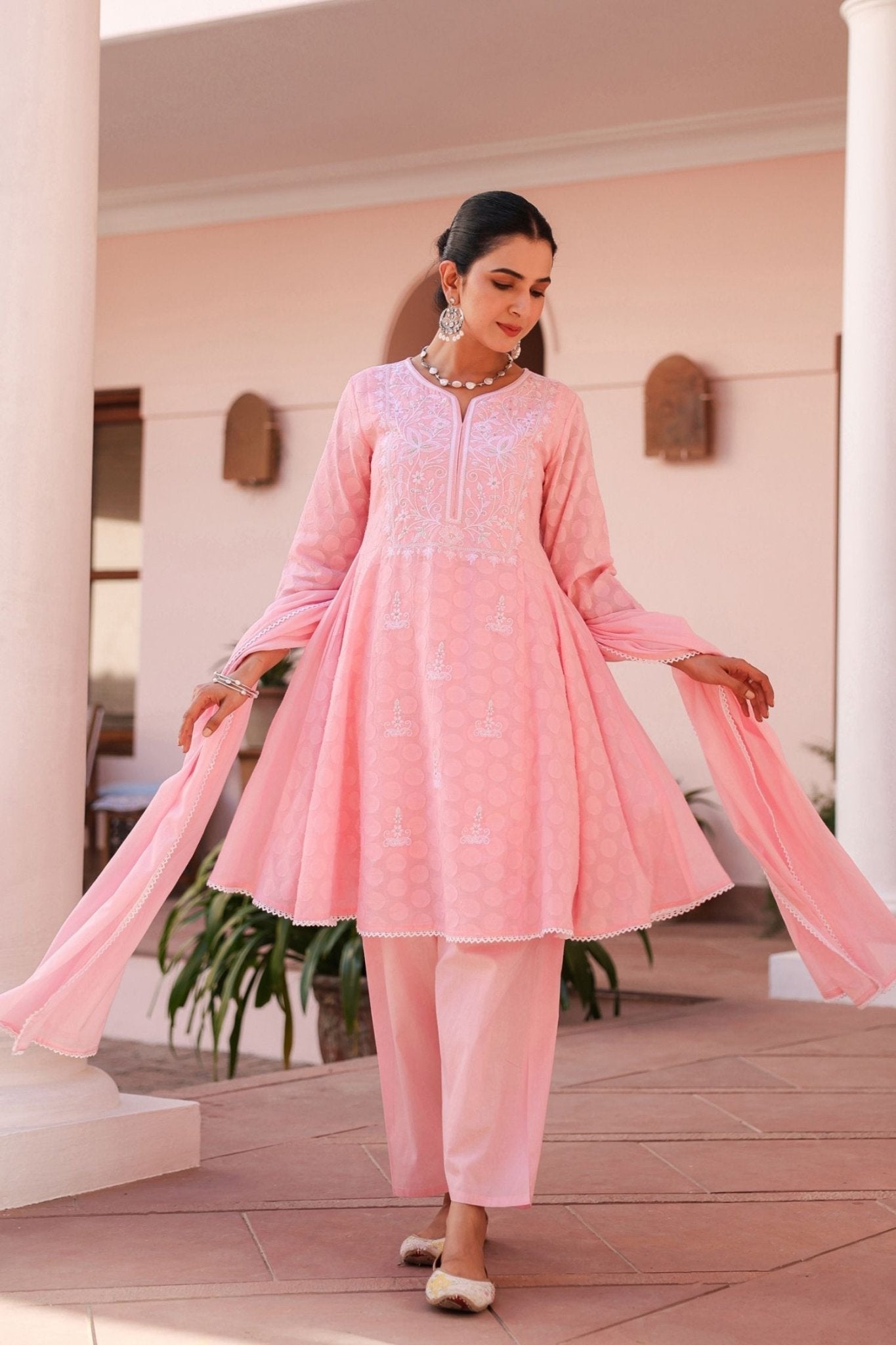 Freyaa Pink Self Design Calf-Length Anarkali Cotton Kurta Trouser Dupatta Set - Freyaa USA & Canada