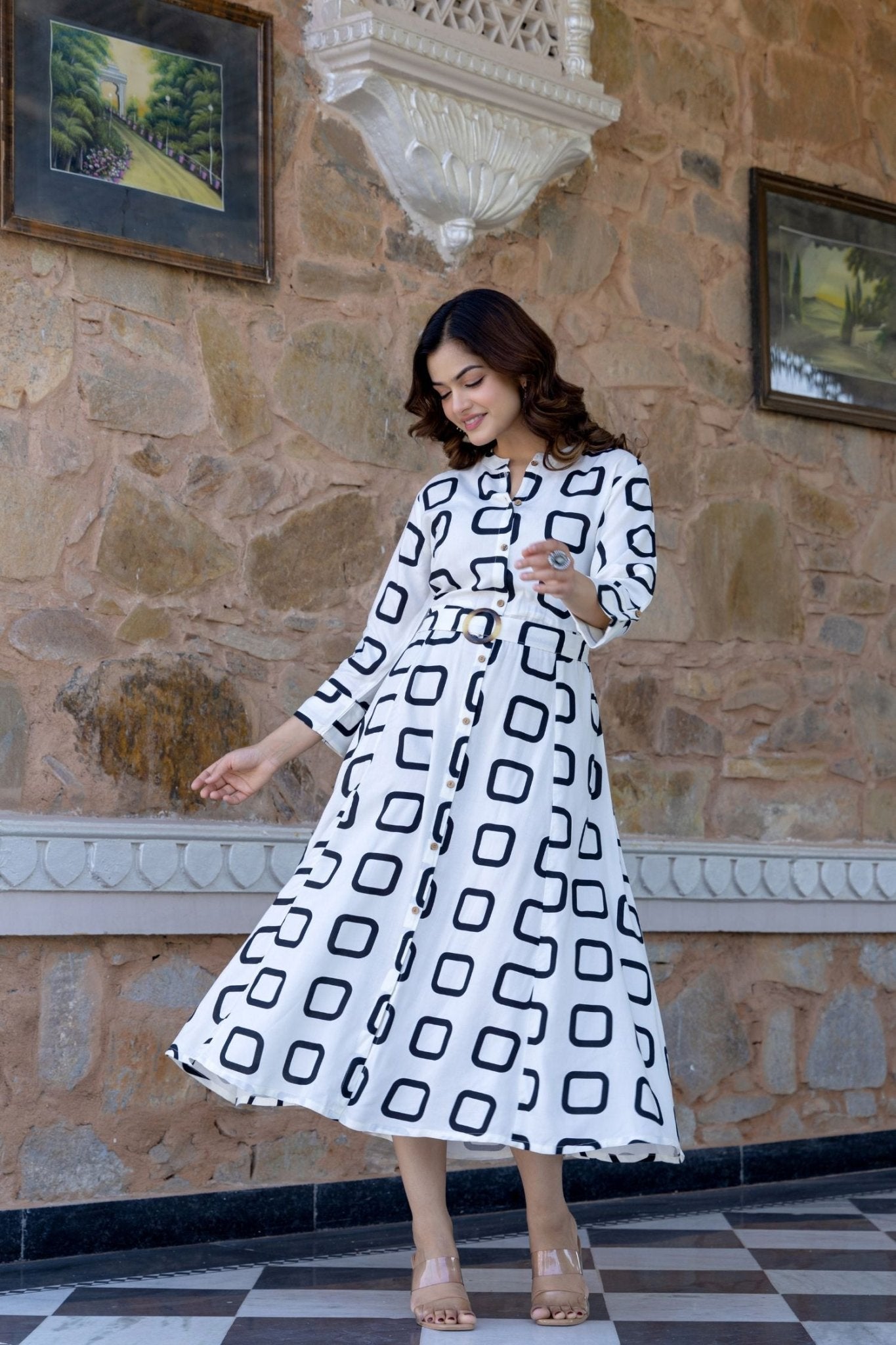 White Belted Shirt Dress with Modern Block Prints - Freyaa USA & Canada