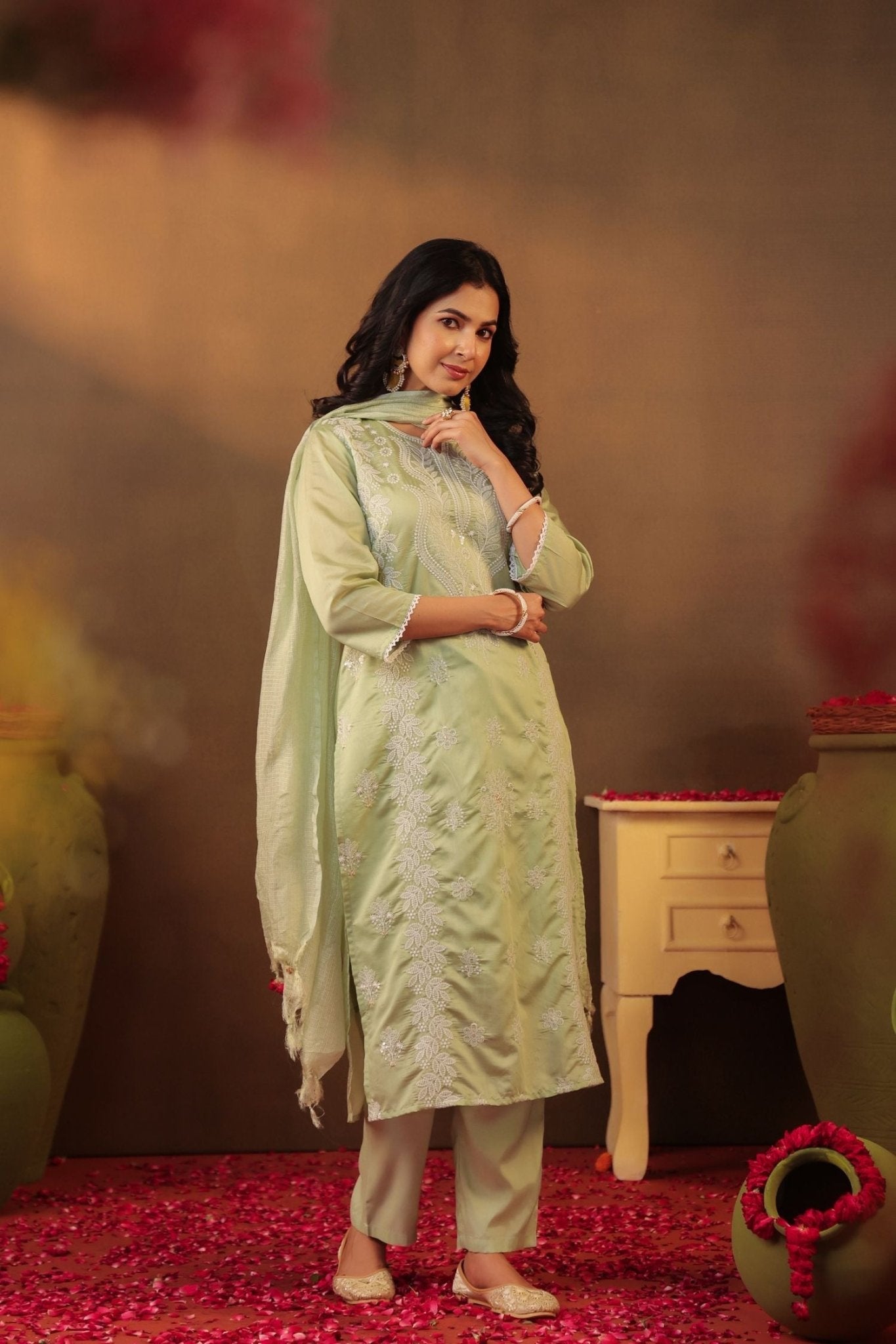 Freyaa Pista Green Embroidered Straight Kurta Trouser with Dupatta Set - Freyaa USA & Canada