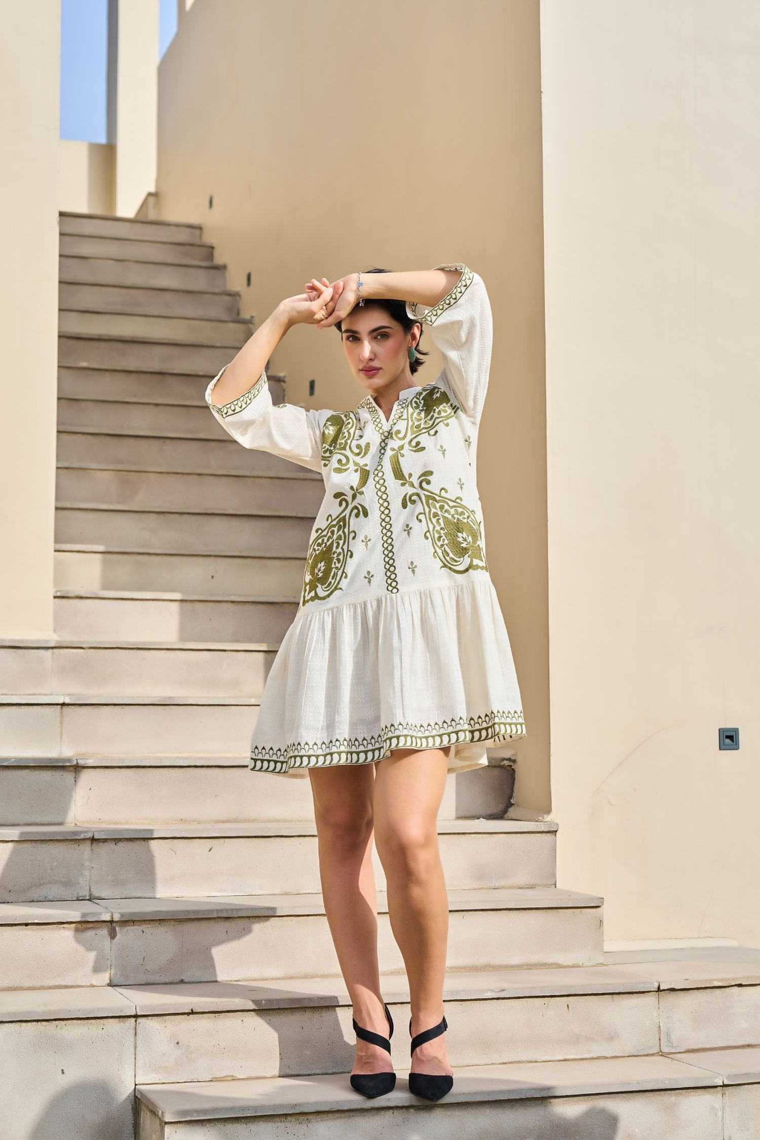Modern Cream Tunic Accented with Green Thread Work