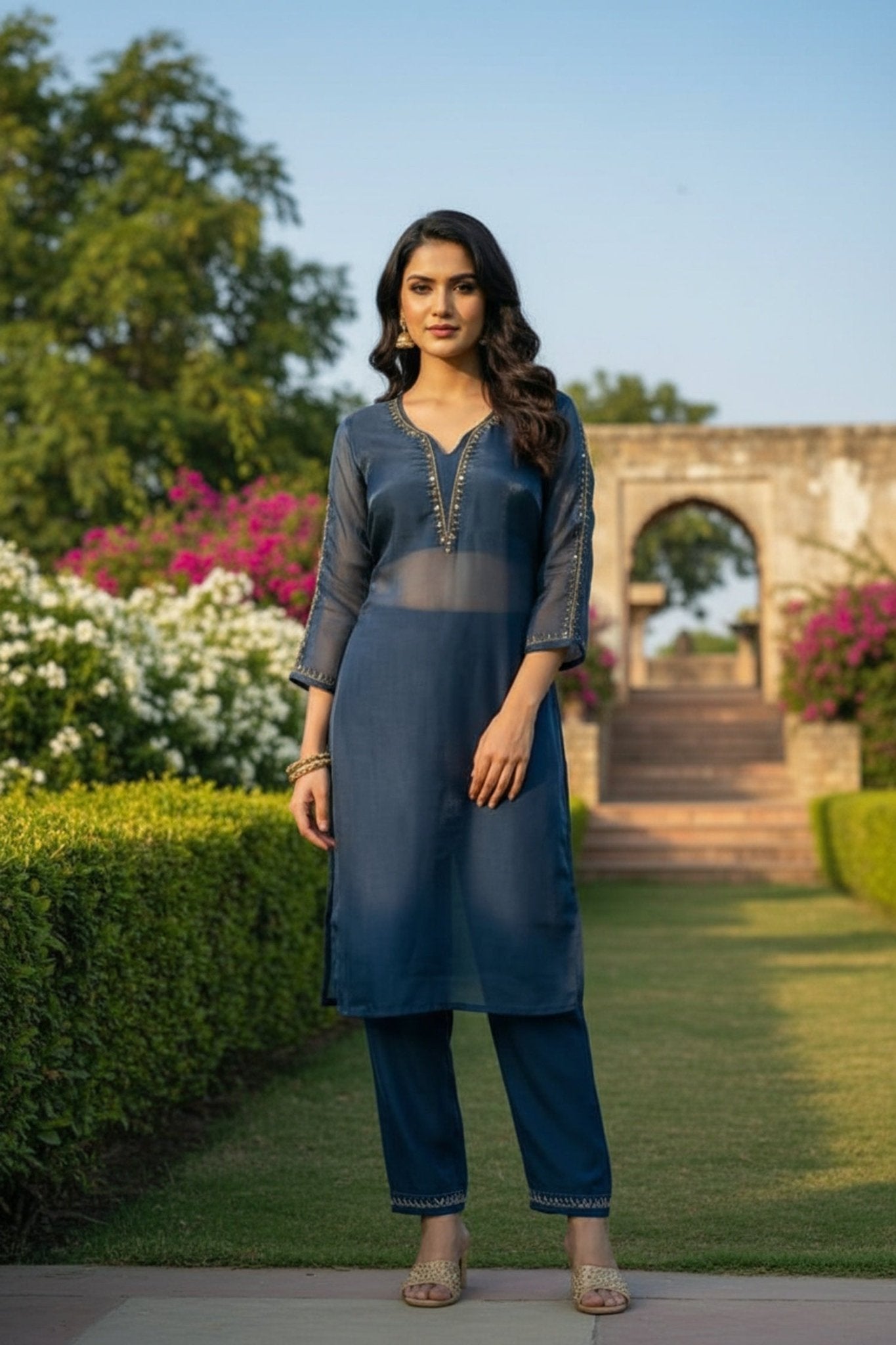 Blue Royale Organza Embroidered Layered Cord Set - Freyaa USA & Canada