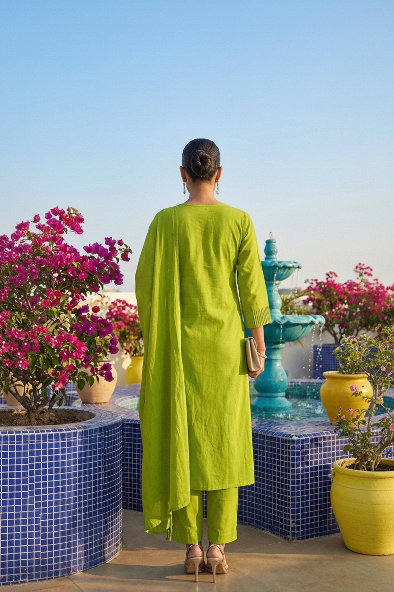 Green Mul Cotton Three Piece with Minimal Embroidery - Freyaa USA & Canada