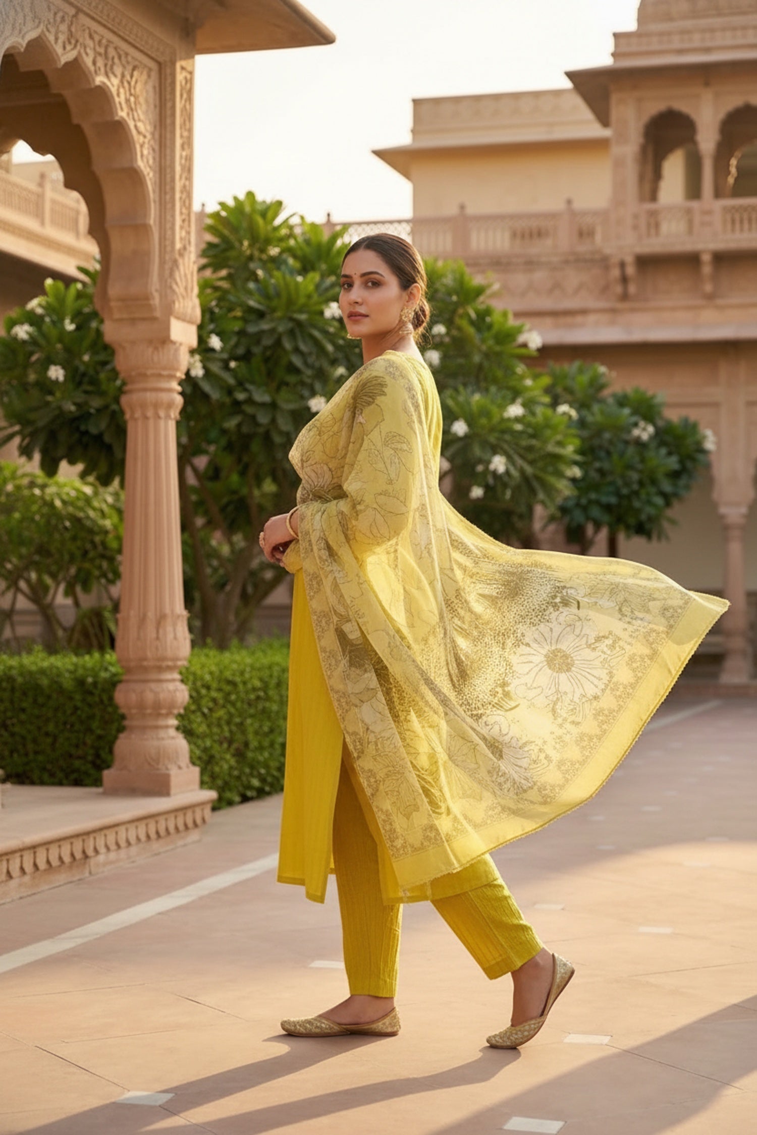 Yellow Cotton Three-Piece Set with Tissue Silk Dupatta