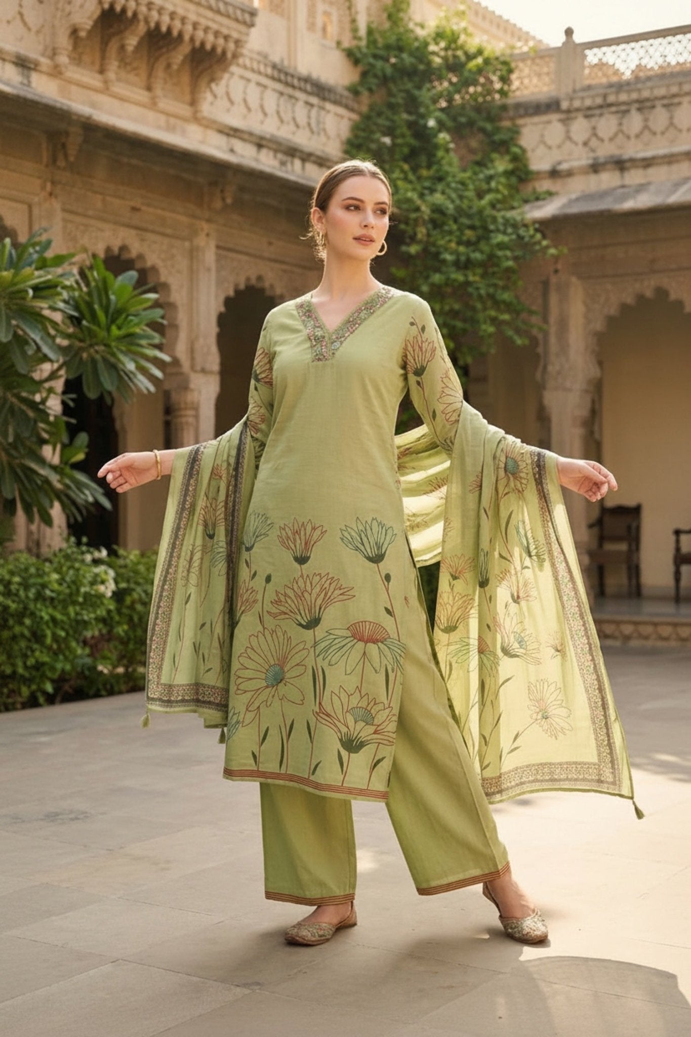 Mint Cotton Floral Three-Piece Set for a Fresh Summer Look - Freyaa USA & Canada