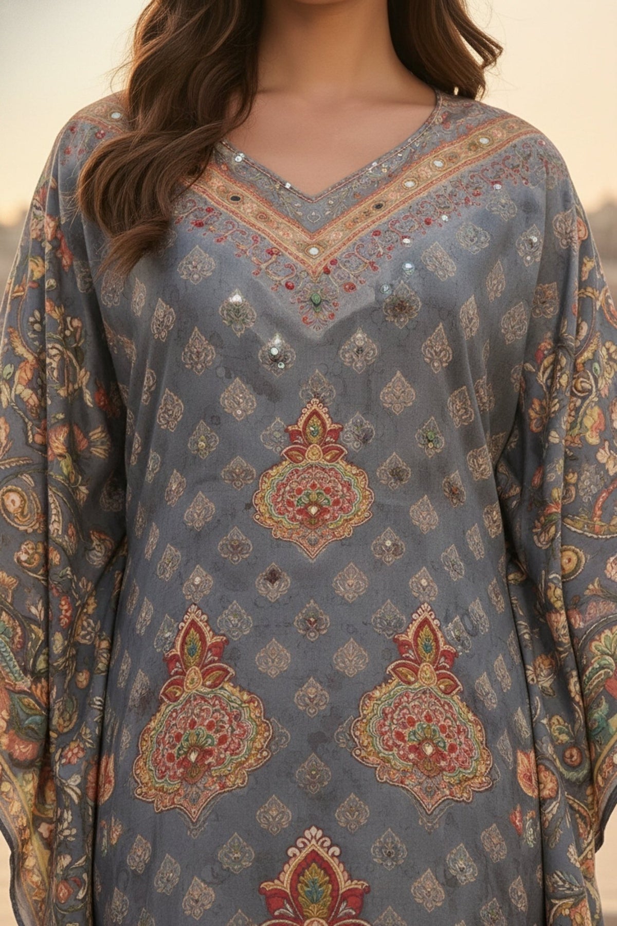 Grey Printed Long Kaftan with Embroidered Detailing in Viscose - Freyaa USA & Canada