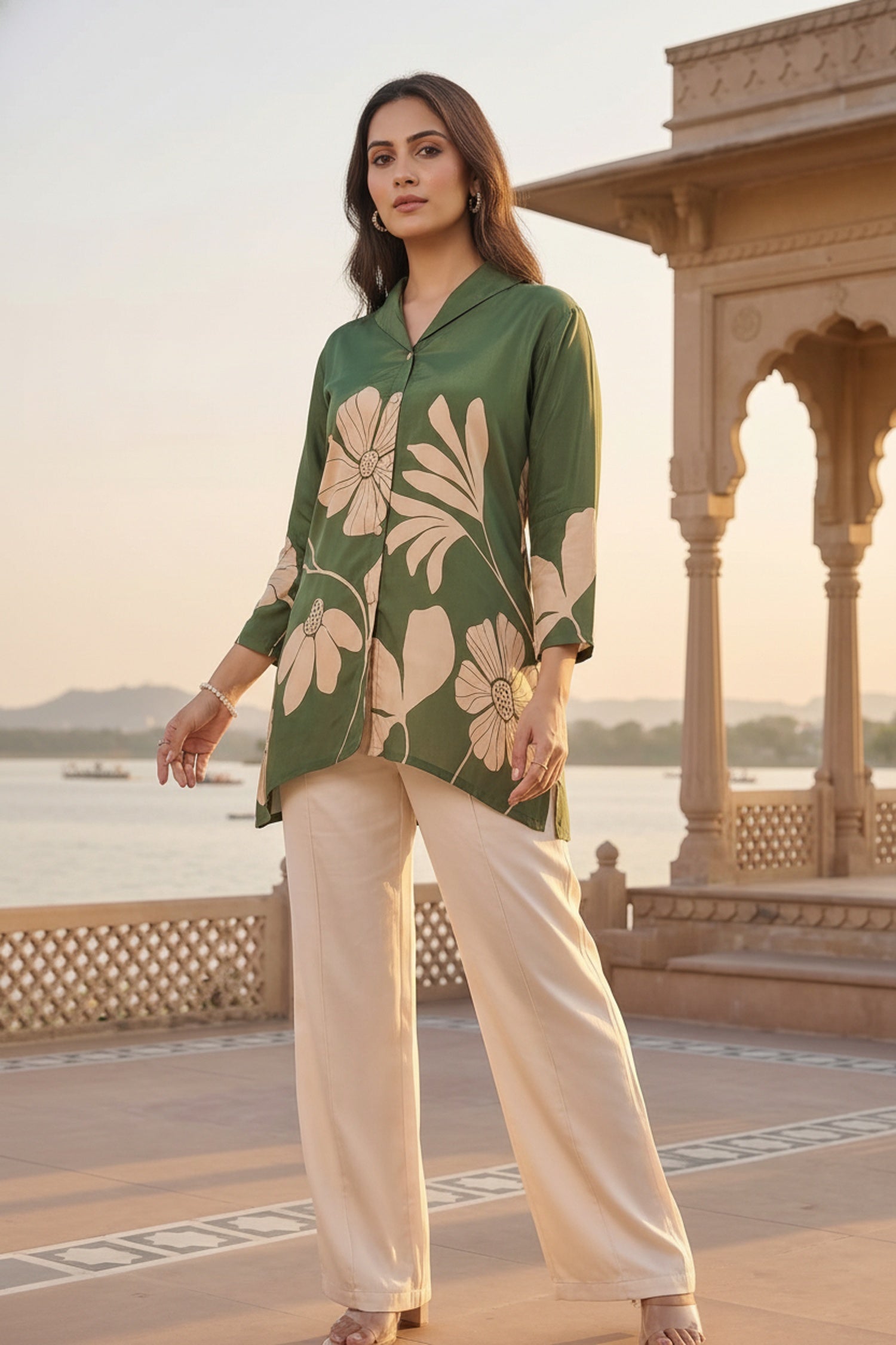 Olive Green Printed Crepe Shirt
