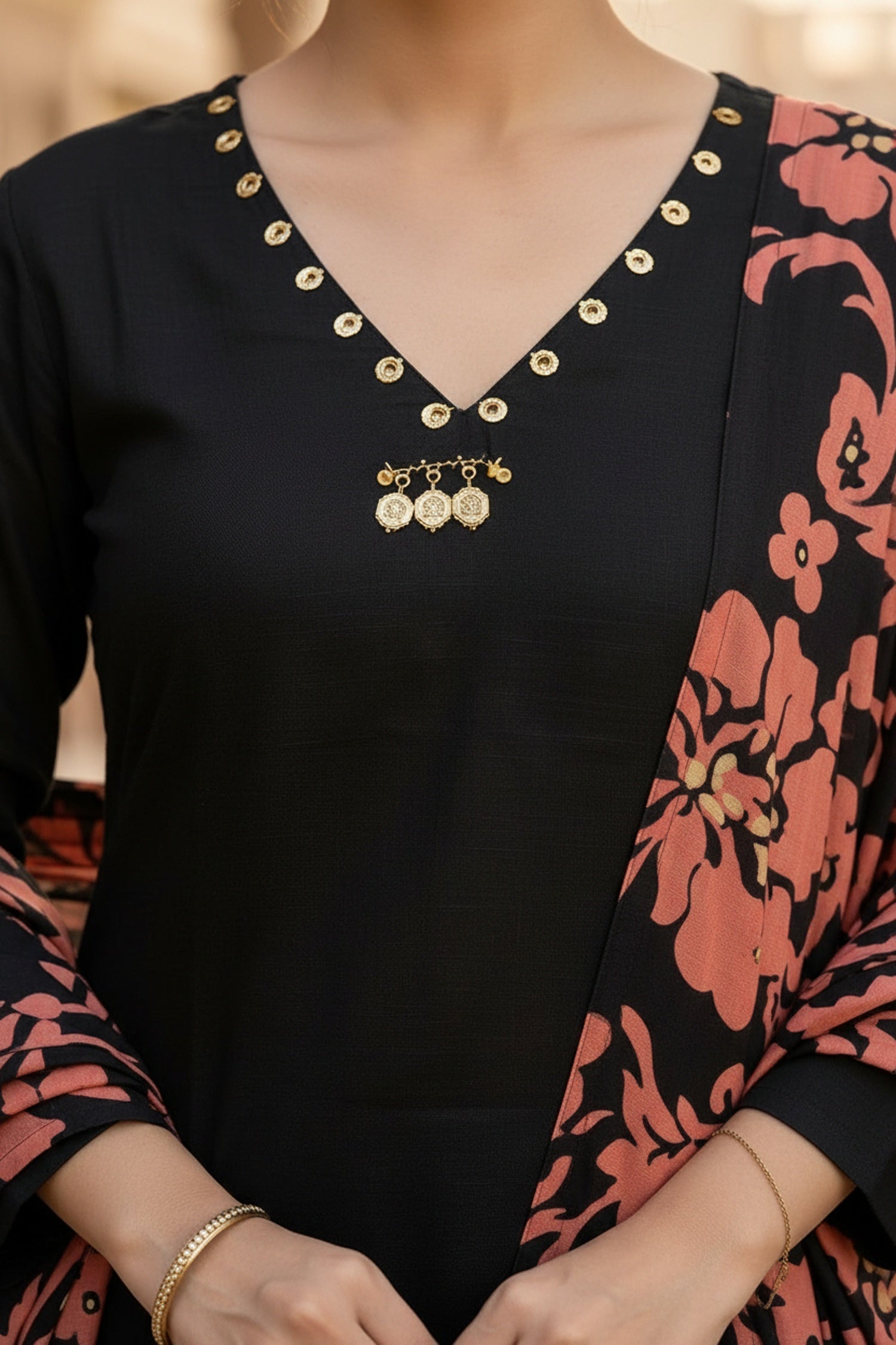 Black Straight Cut Three-Piece Set with Printed Bottom & Dupatta