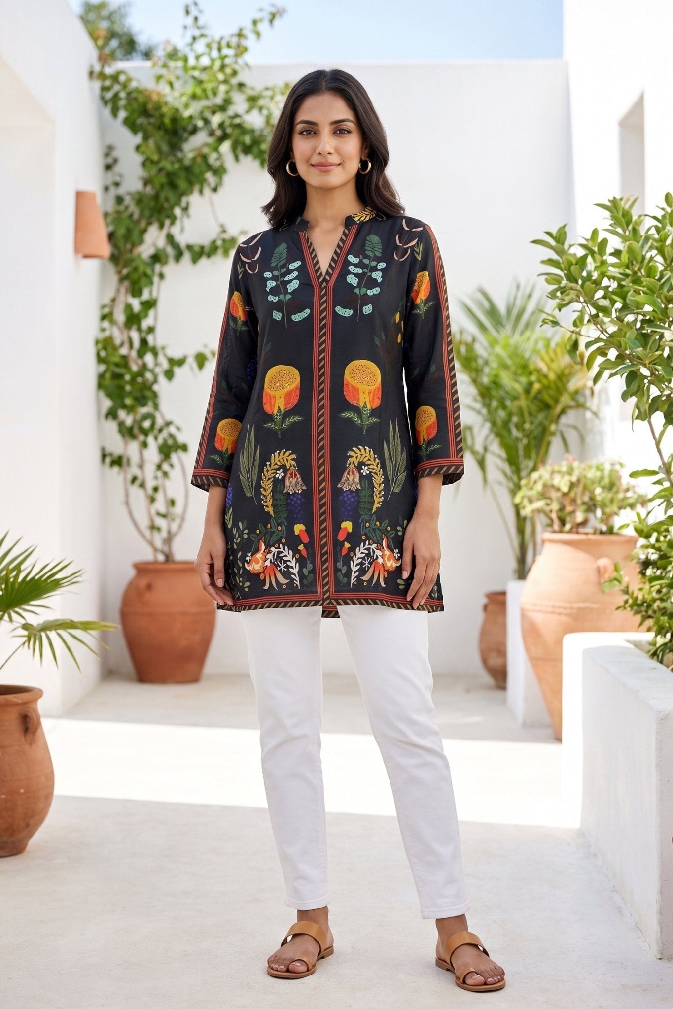 Black Vibrant Botanical Printed Dress - Freyaa USA & Canada