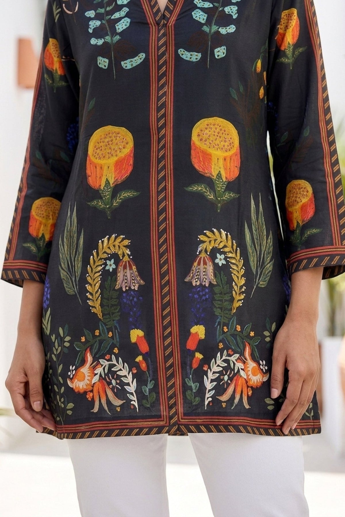 Black Vibrant Botanical Printed Dress - Freyaa USA & Canada