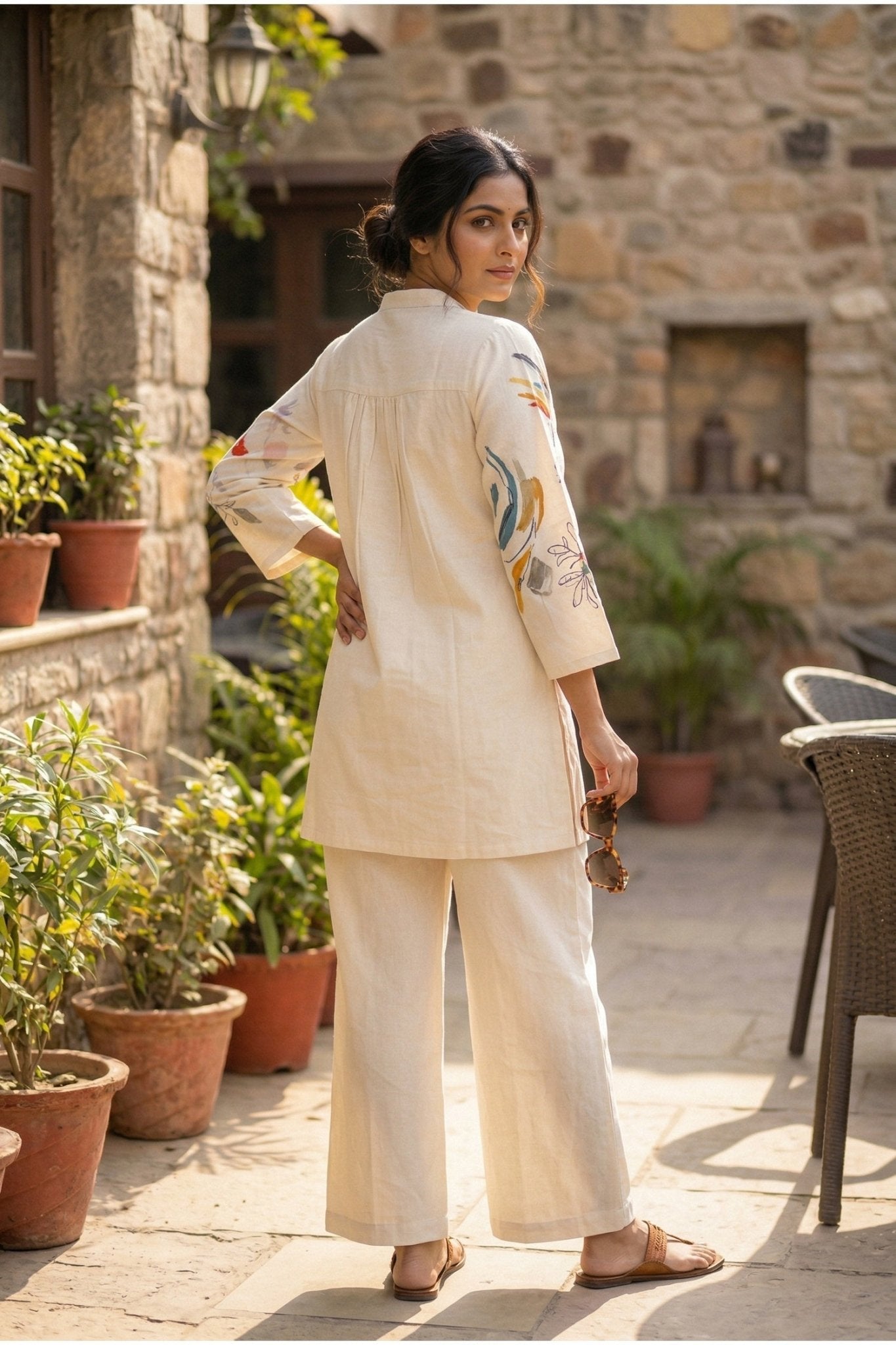 Off-White Cotton Co-ord Set with Minimal Print - Freyaa USA & Canada
