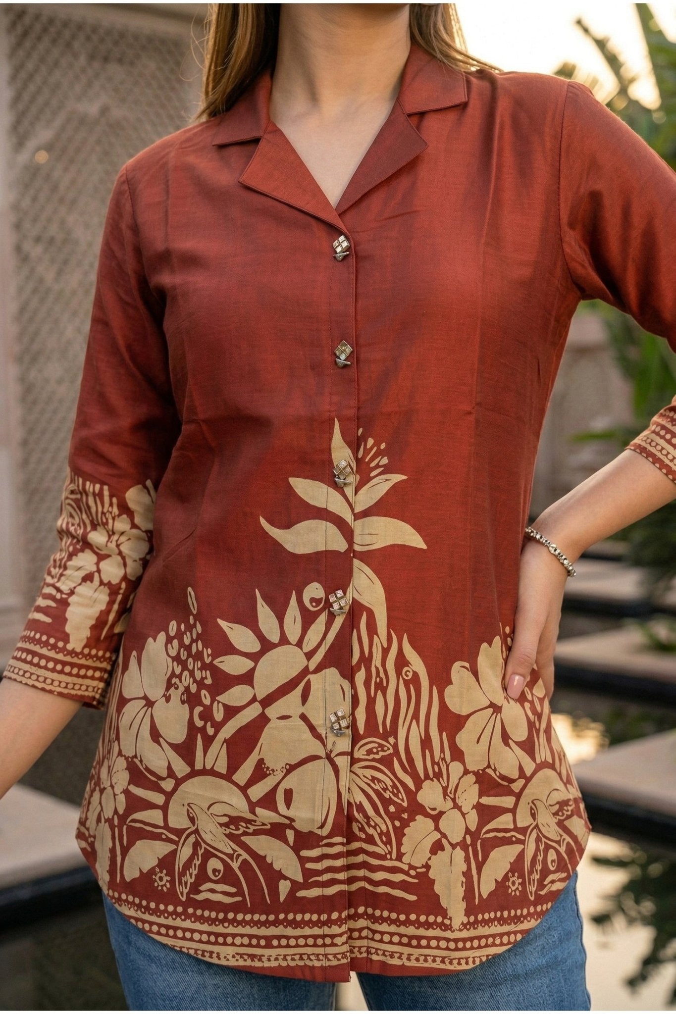 Rust Top with Contemporary Digital Print - Freyaa USA & Canada