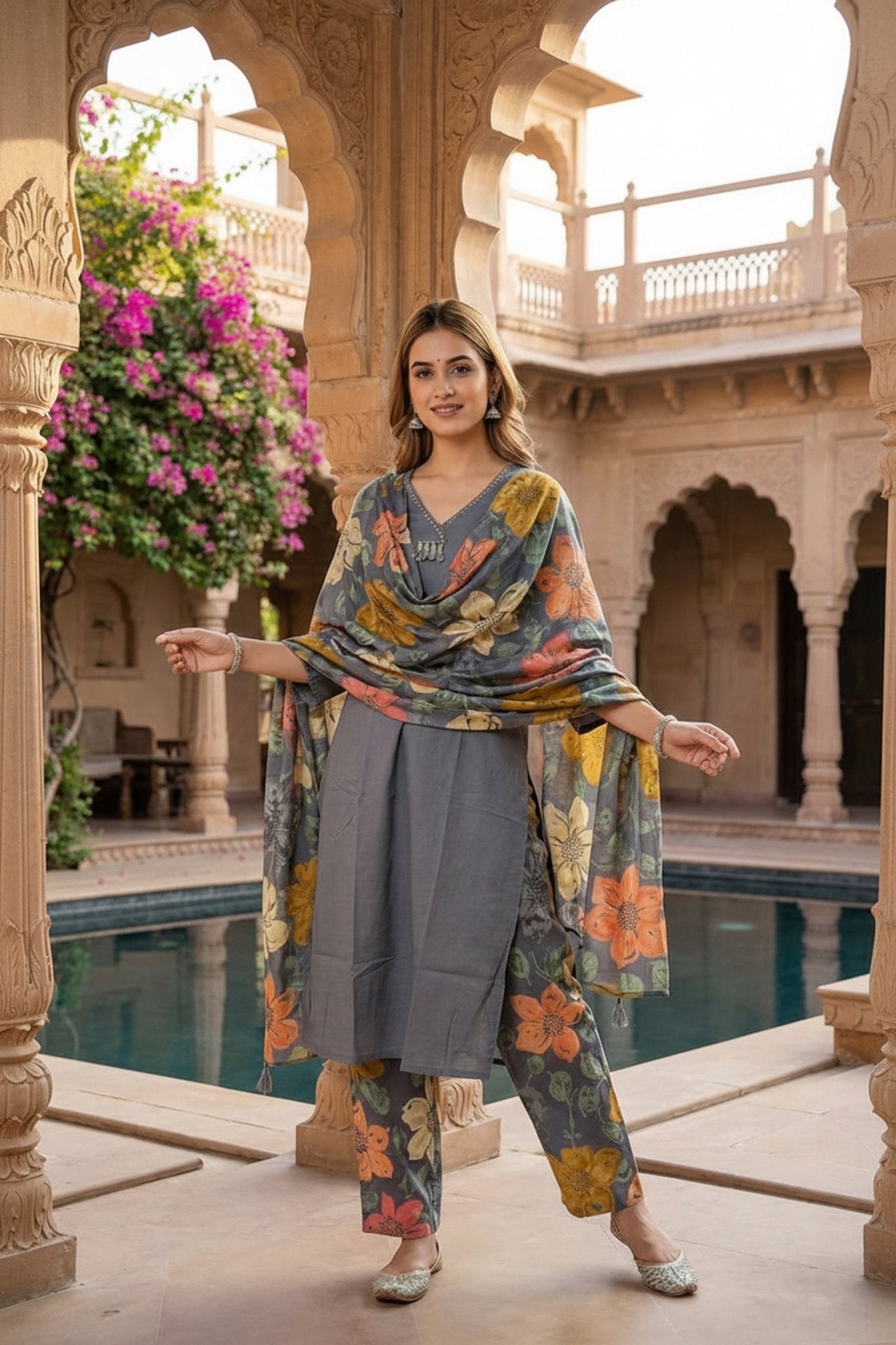 Grey Cotton Three-Piece Set with Printed Bottom & Dupatta - Freyaa USA & Canada