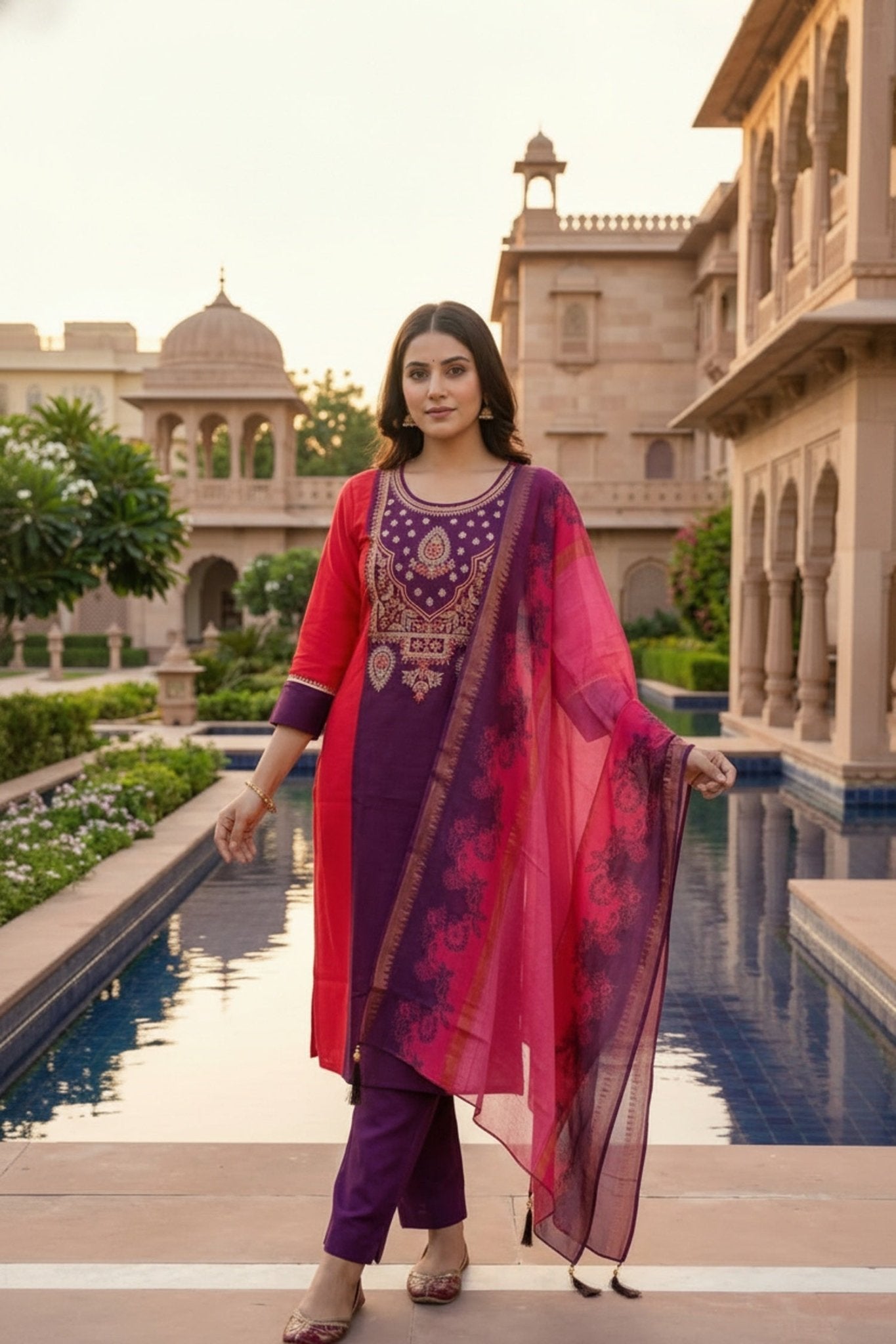 Rani Ethnic Straight Cut Set with Embroidered Design - Freyaa USA & Canada