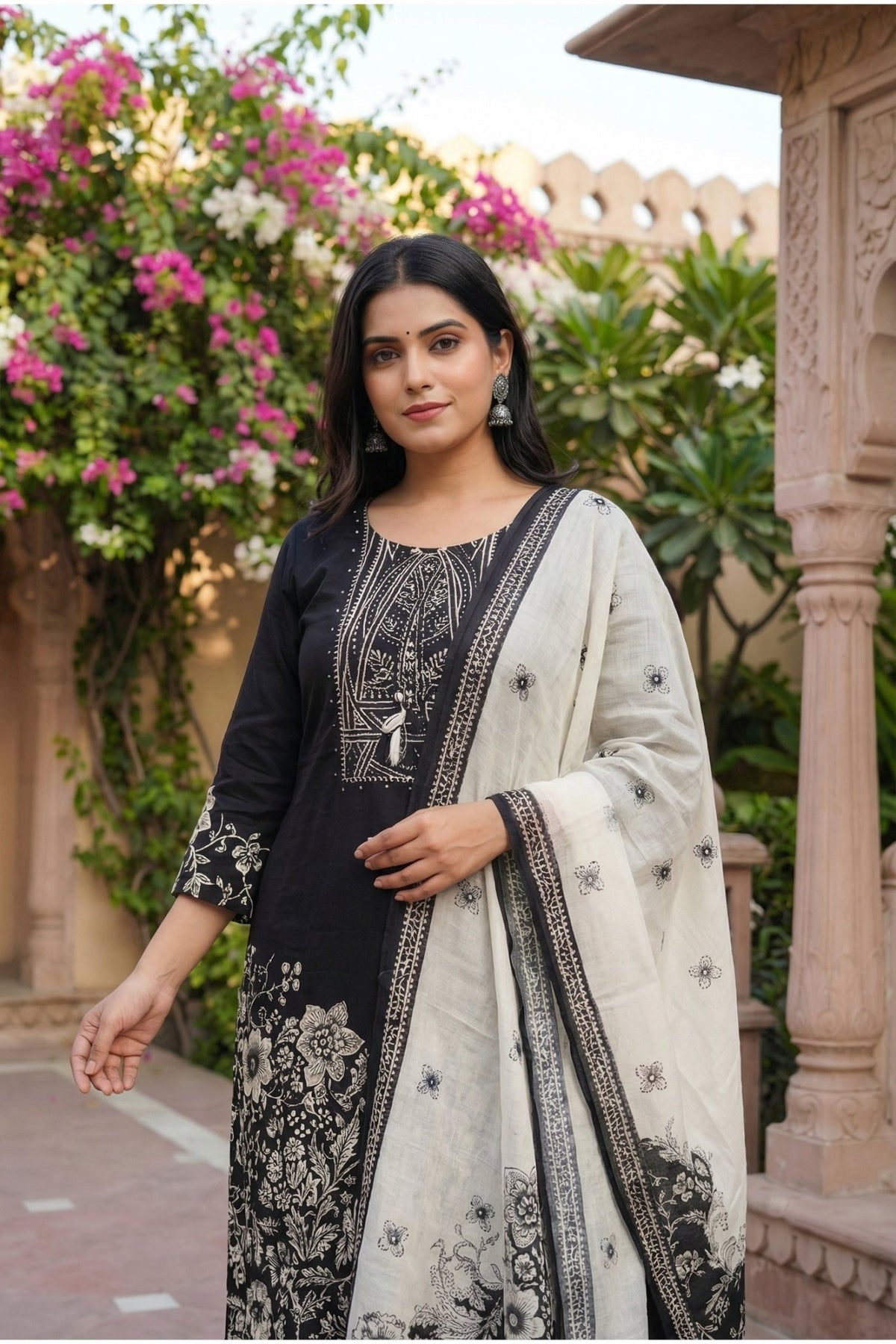 Black Cotton Three-Piece Suit Set with Elegant Ethnic Design - Freyaa USA & Canada