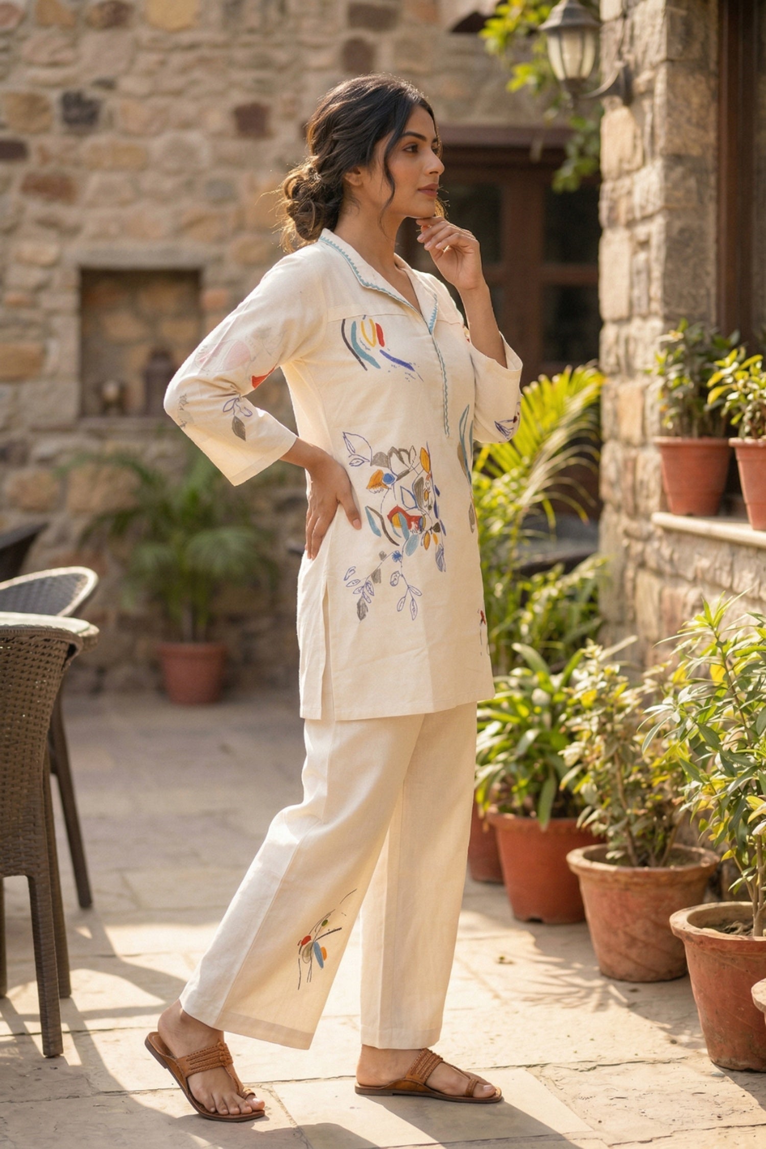 Off-White Cotton Co-ord Set with Minimal Print