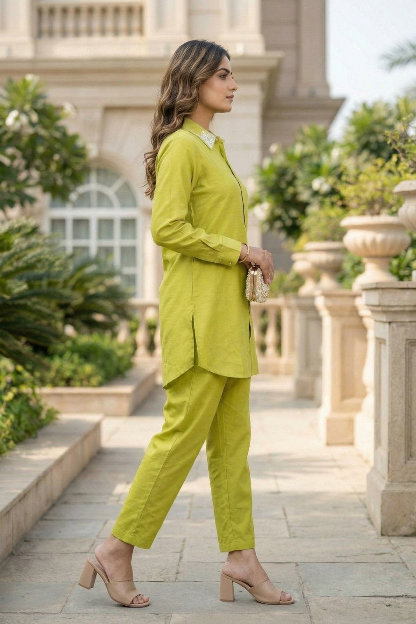 Yellow Cotton Co-ord Set with Collar Embroidery - Freyaa USA & Canada