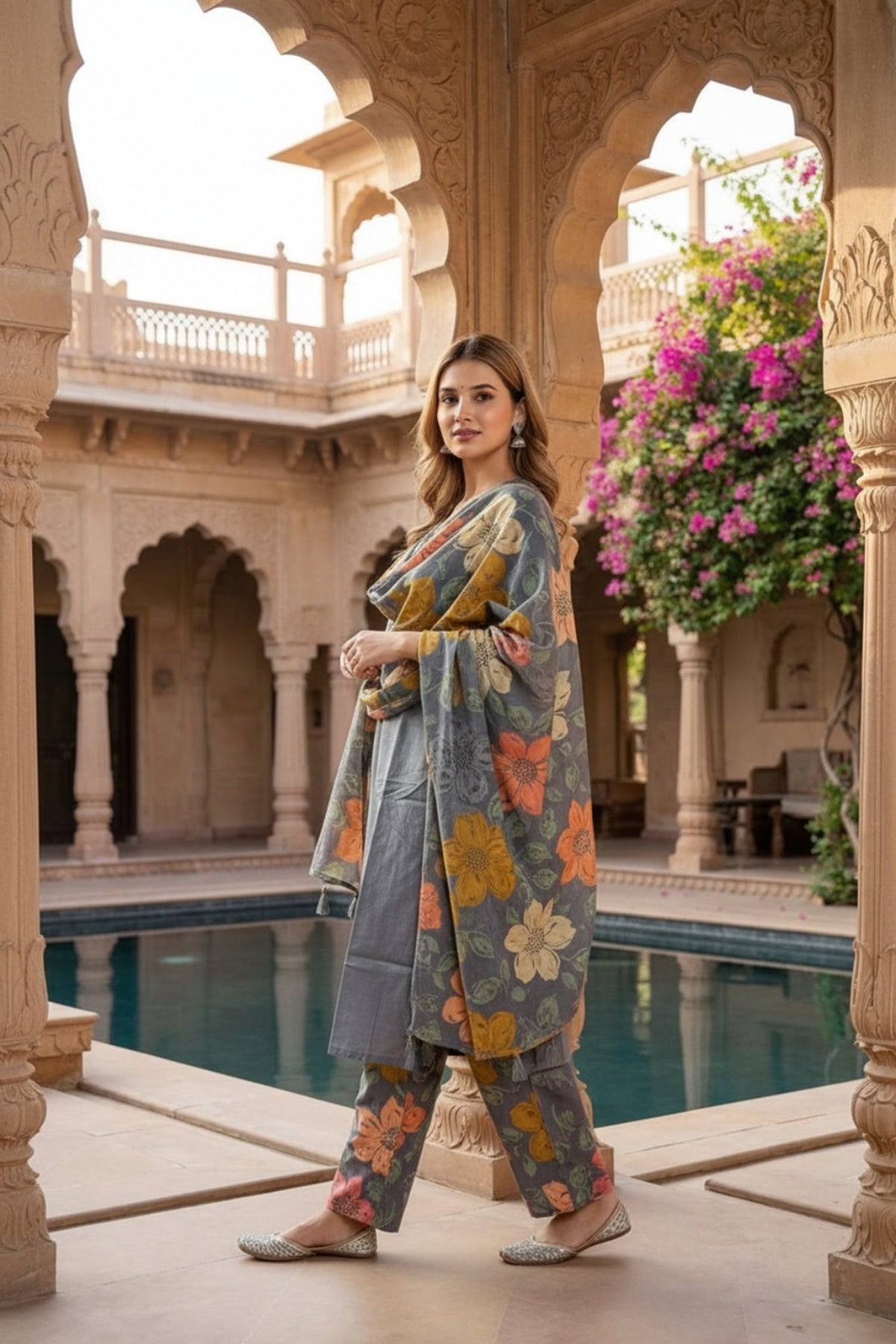 Grey Cotton Three-Piece Set with Printed Bottom & Dupatta - Freyaa USA & Canada