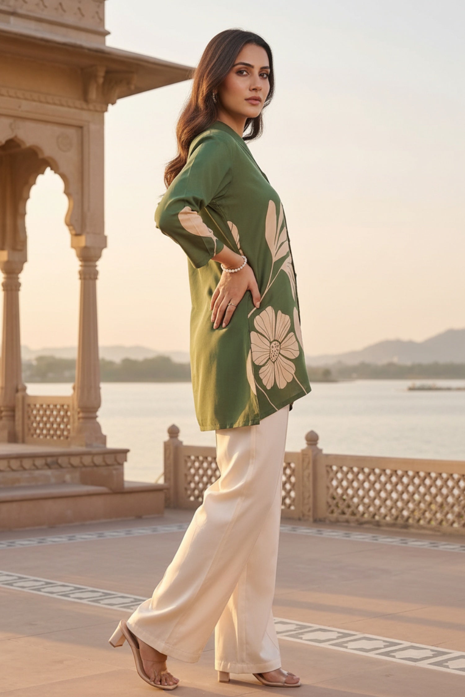 Olive Green Printed Crepe Shirt