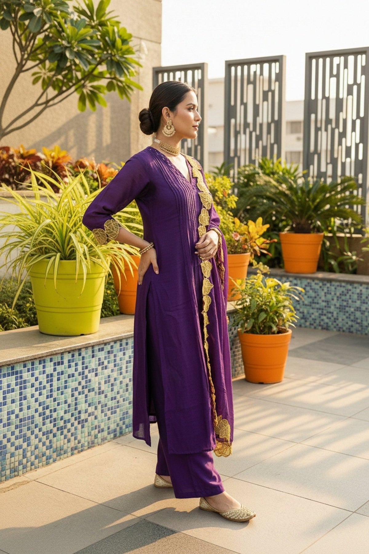 Purple Mul Cotton Three Piece with Embroidered Dupatta - Freyaa USA & Canada