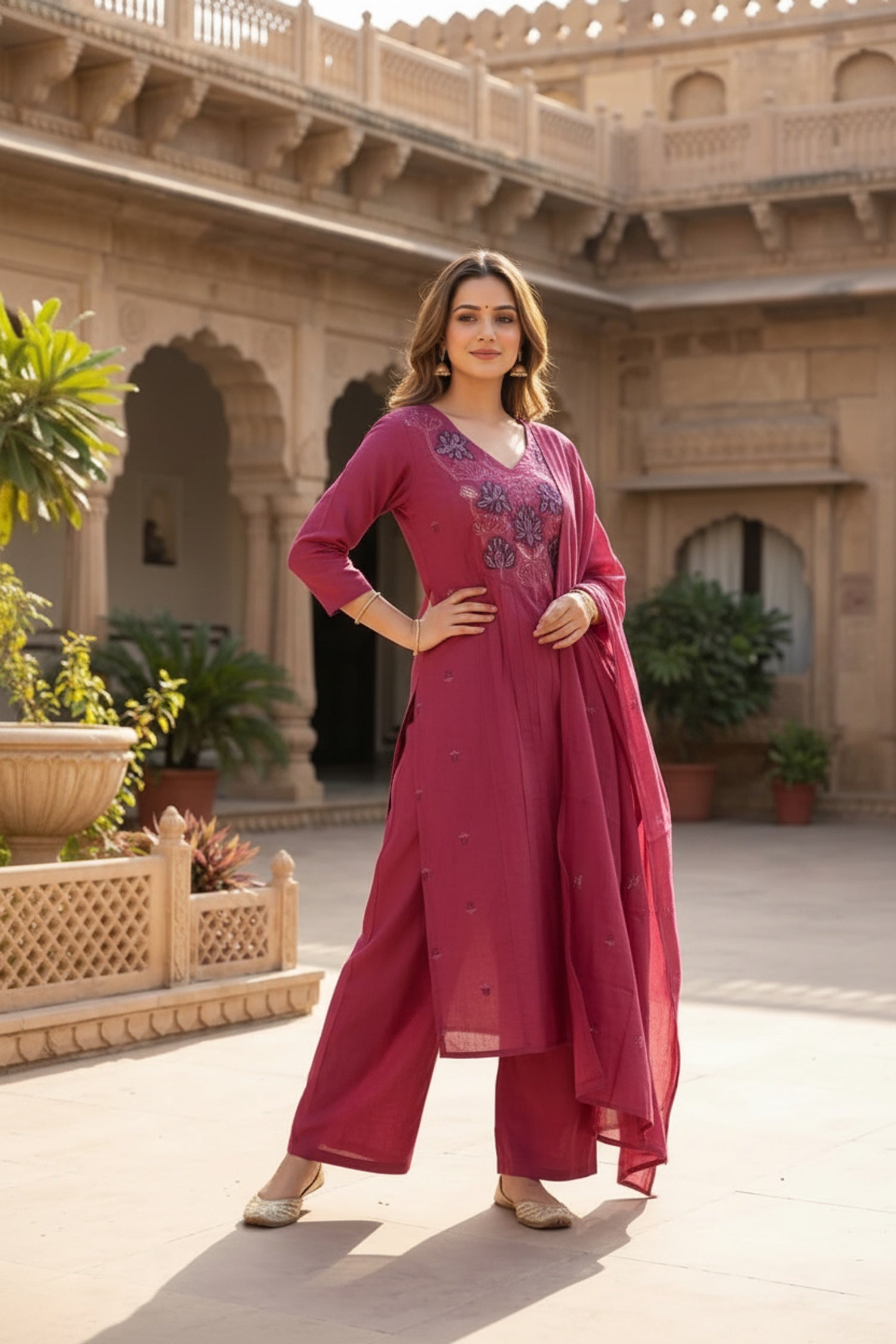 Classic Wine Cotton Three-Piece Set