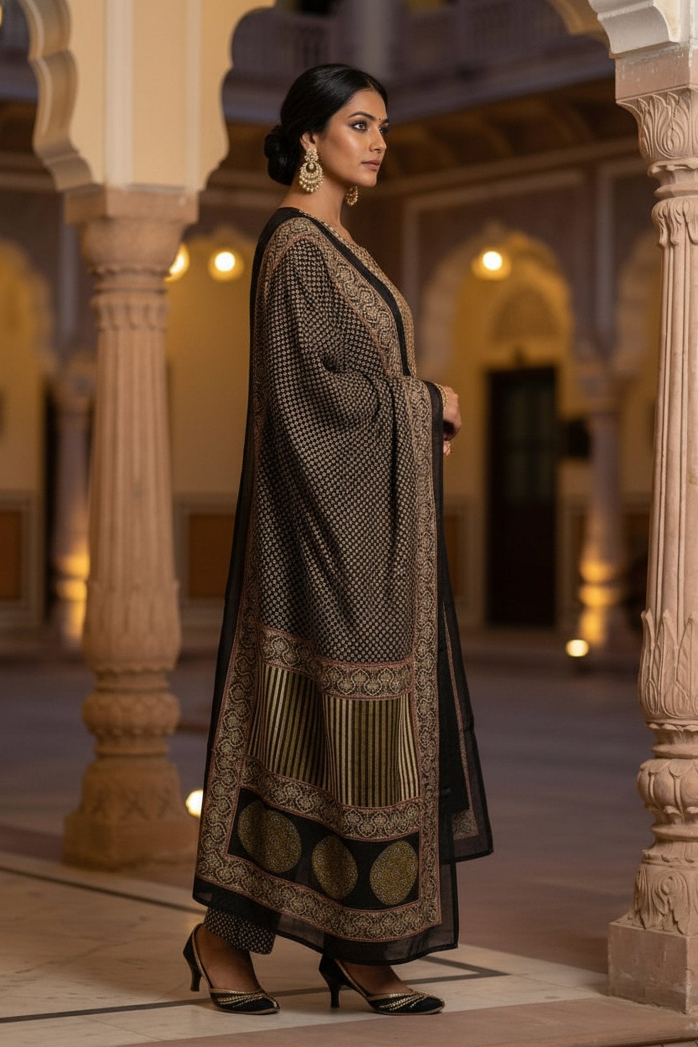 Black Royale Embroidered Straight-Cut Three Piece Suit Set - Freyaa USA & Canada