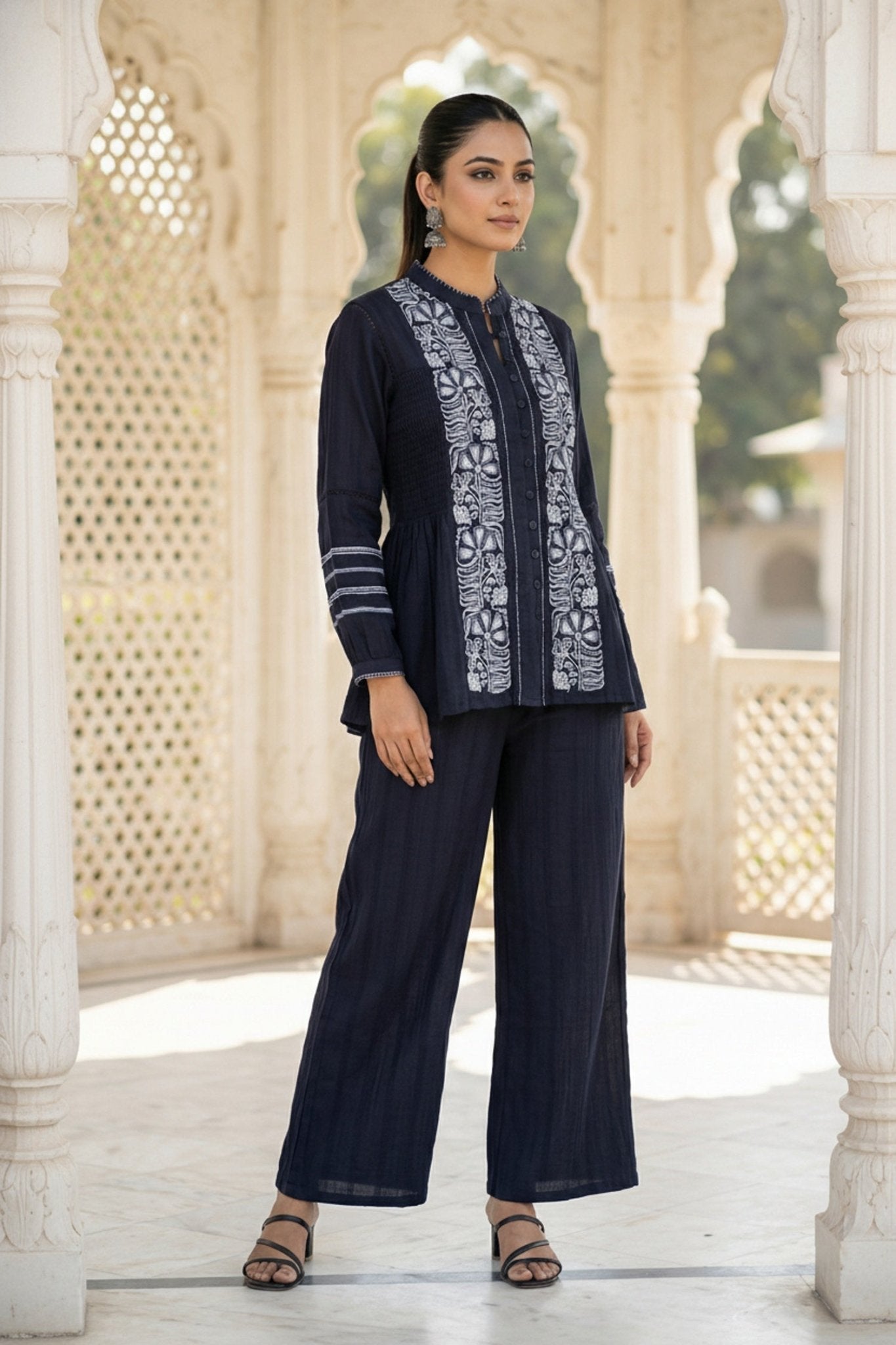 Blue Cotton Co-ord Set with White Thread Work - Freyaa USA & Canada