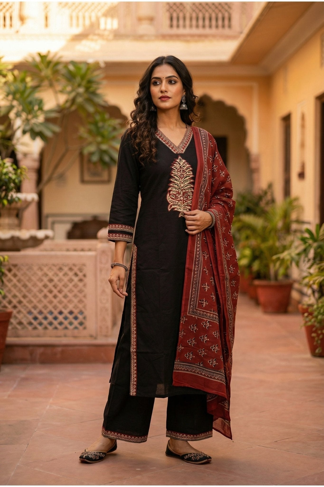 Black Straight-Cut Suit Set with Printed Dupatta - Freyaa USA & Canada