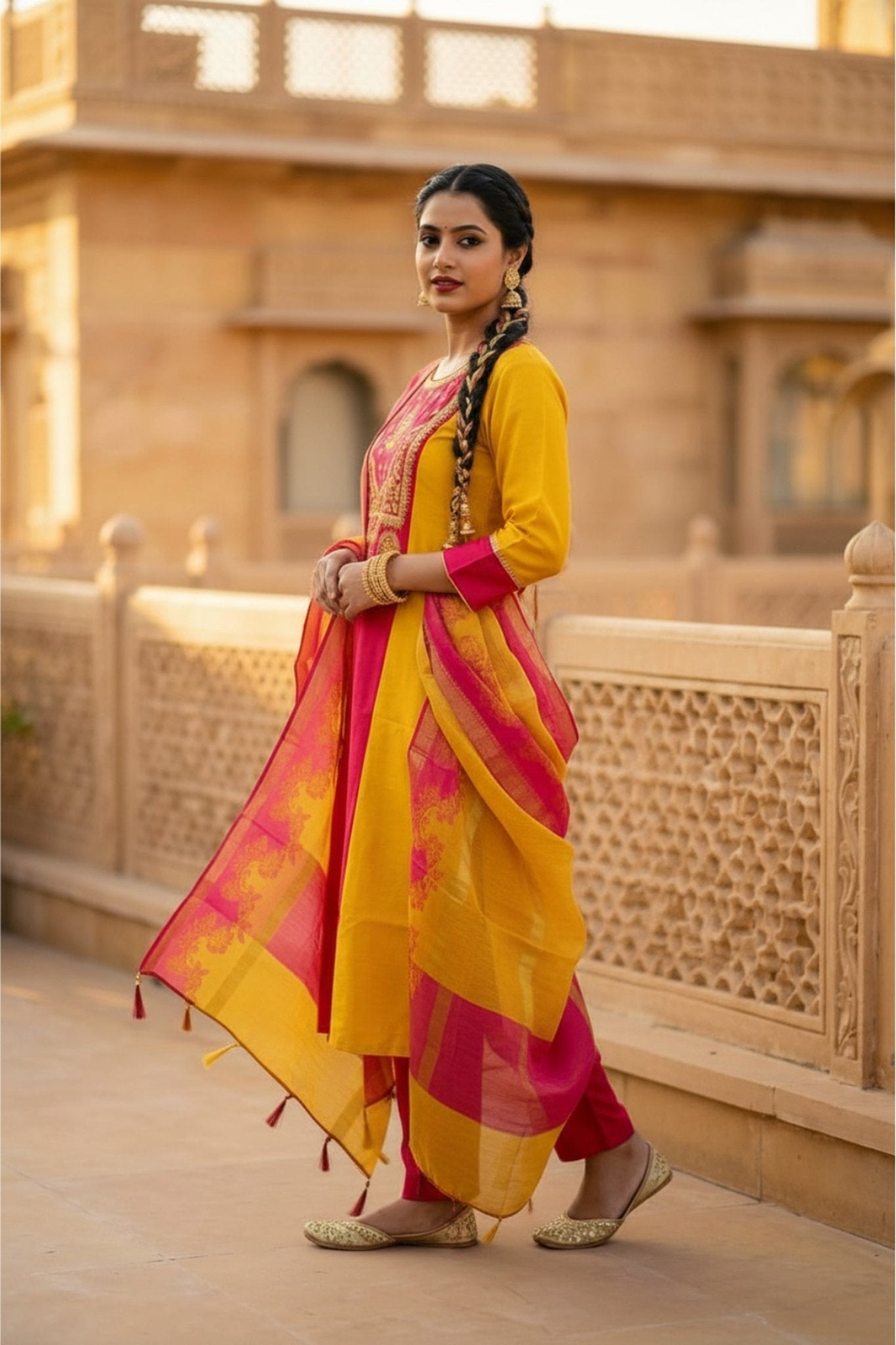 Mustard Straight-Cut Embroidered Three Piece Suit Set - Freyaa USA & Canada