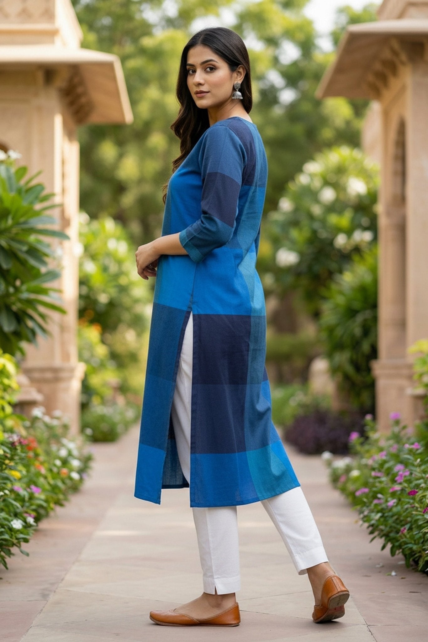 Blue Patterned Cotton Work Long Kurti - Freyaa USA & Canada