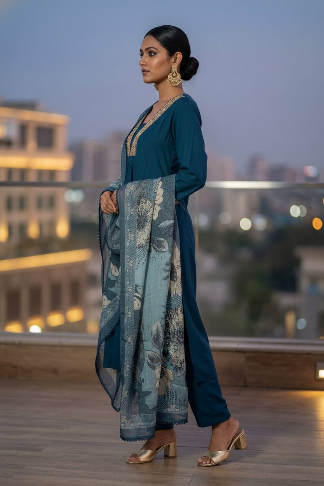 Royal Navy Straight-Cut Suit with Printed Dupatta - Freyaa USA & Canada
