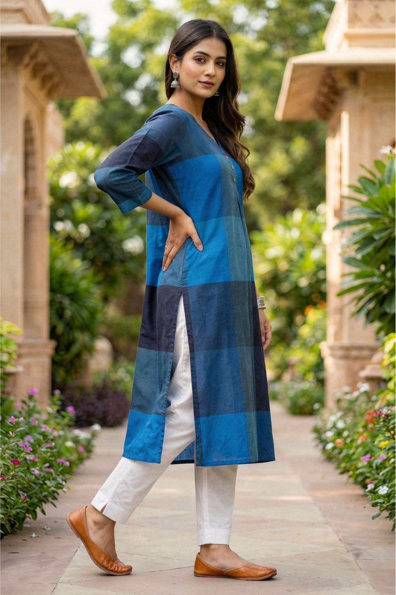 Blue Patterned Cotton Work Long Kurti - Freyaa USA & Canada
