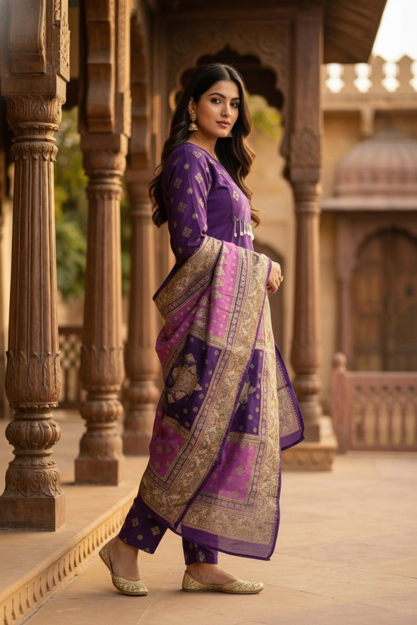 Purple Royale Straight-Cut Embroidered Three Piece Suit Set - Freyaa USA & Canada