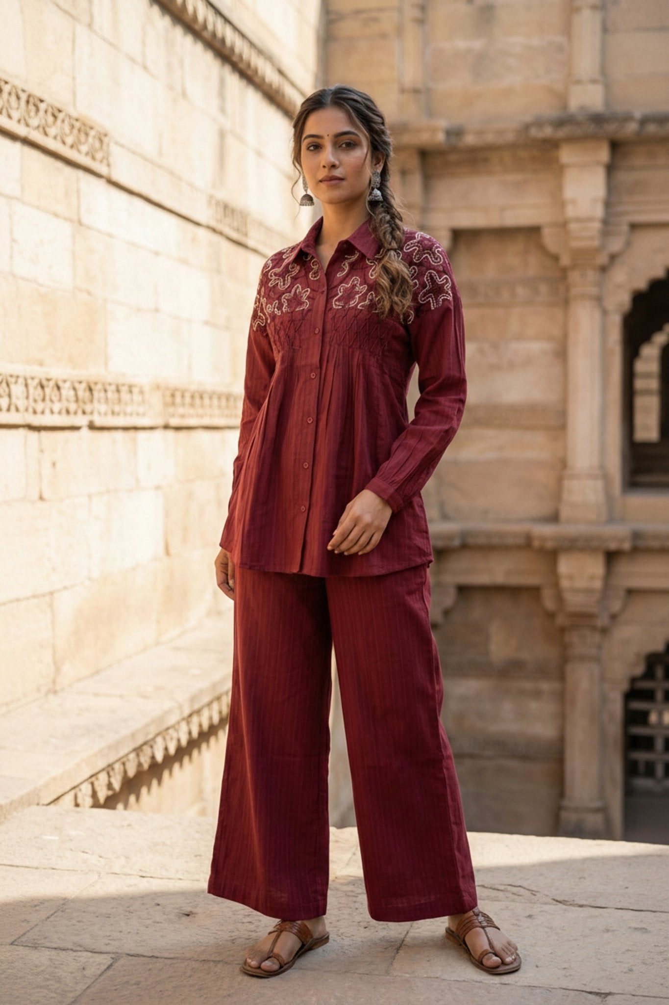 Red Co-ord Set with Thread Embroidered - Freyaa USA & Canada