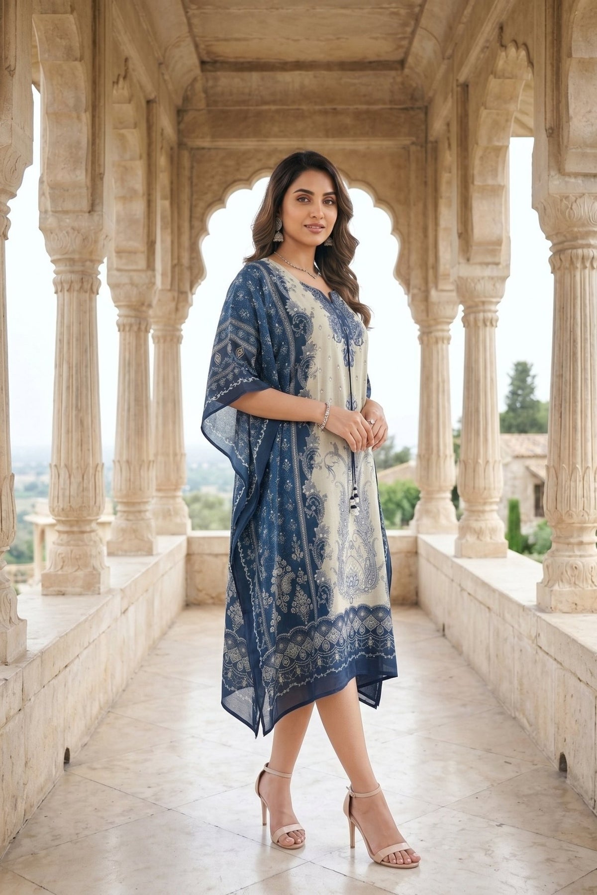 Midnight Blue Chinon Silk Long Kaftan Dress - Freyaa USA & Canada