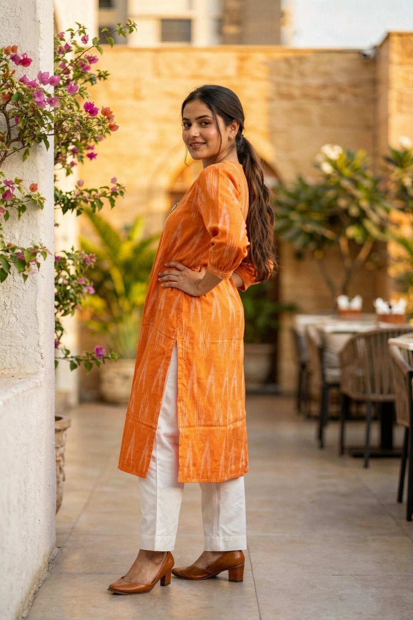 Orange Radiance Printed Cotton Long Kurti - Freyaa USA & Canada