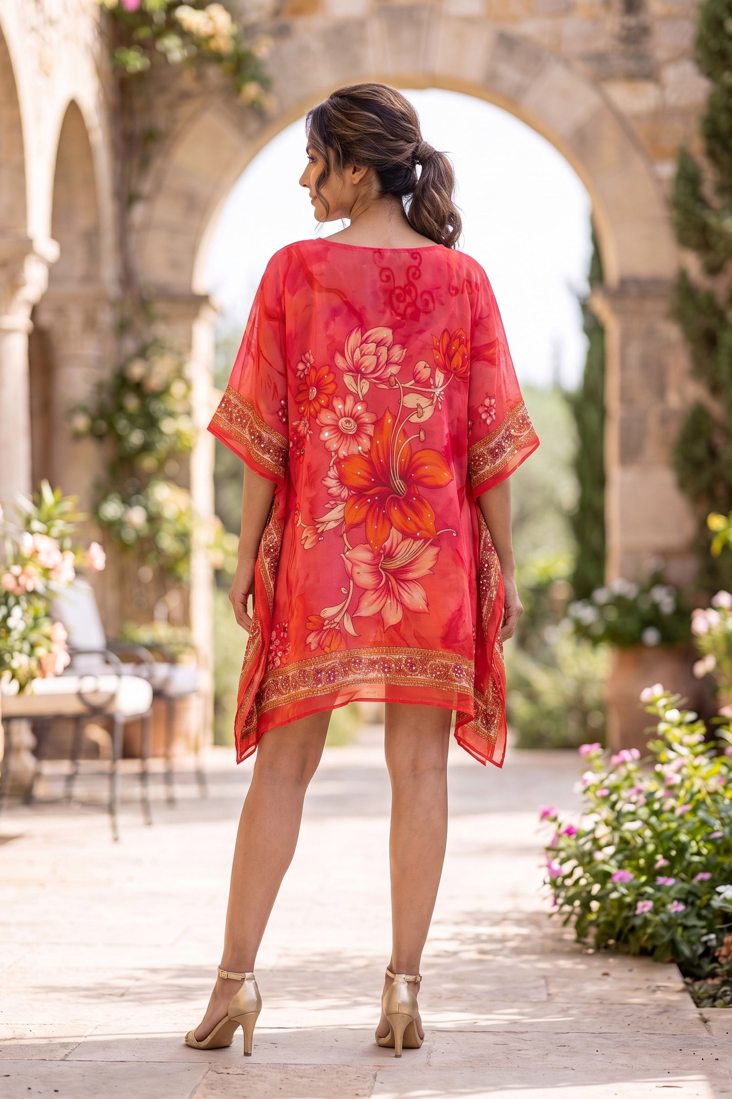 Freyaa Pink Floral Printed Short Kaftan for Women