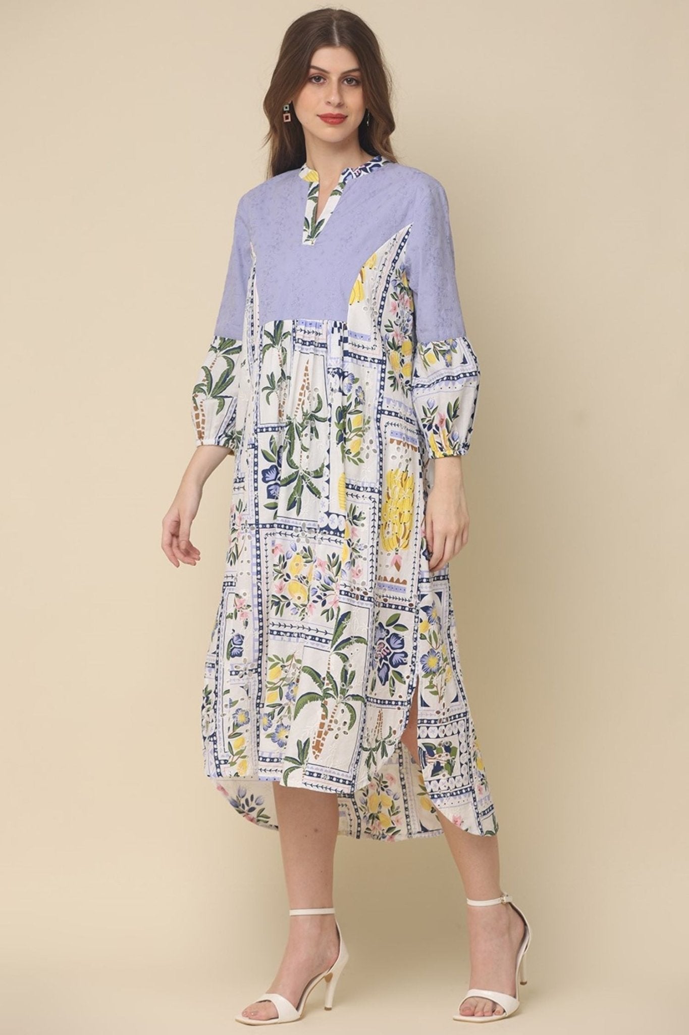 off-white cotton dress with printed designs - Freyaa USA & Canada