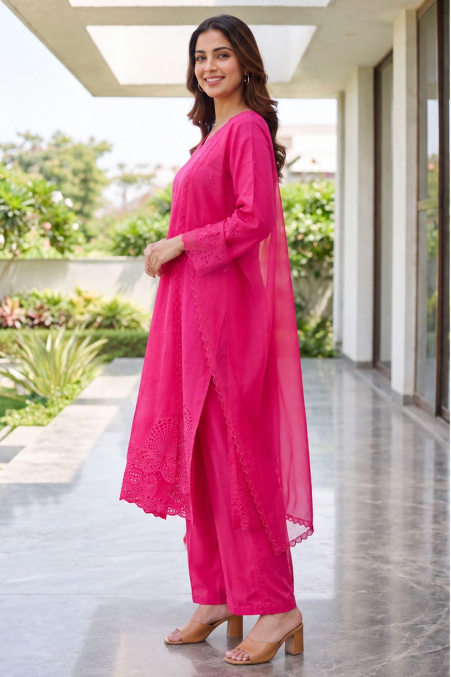 Freyaa Magenta Pink Mul Chanderi Straight Kurta Set With Intricate Cutwork Lace Hem and Dupatta.