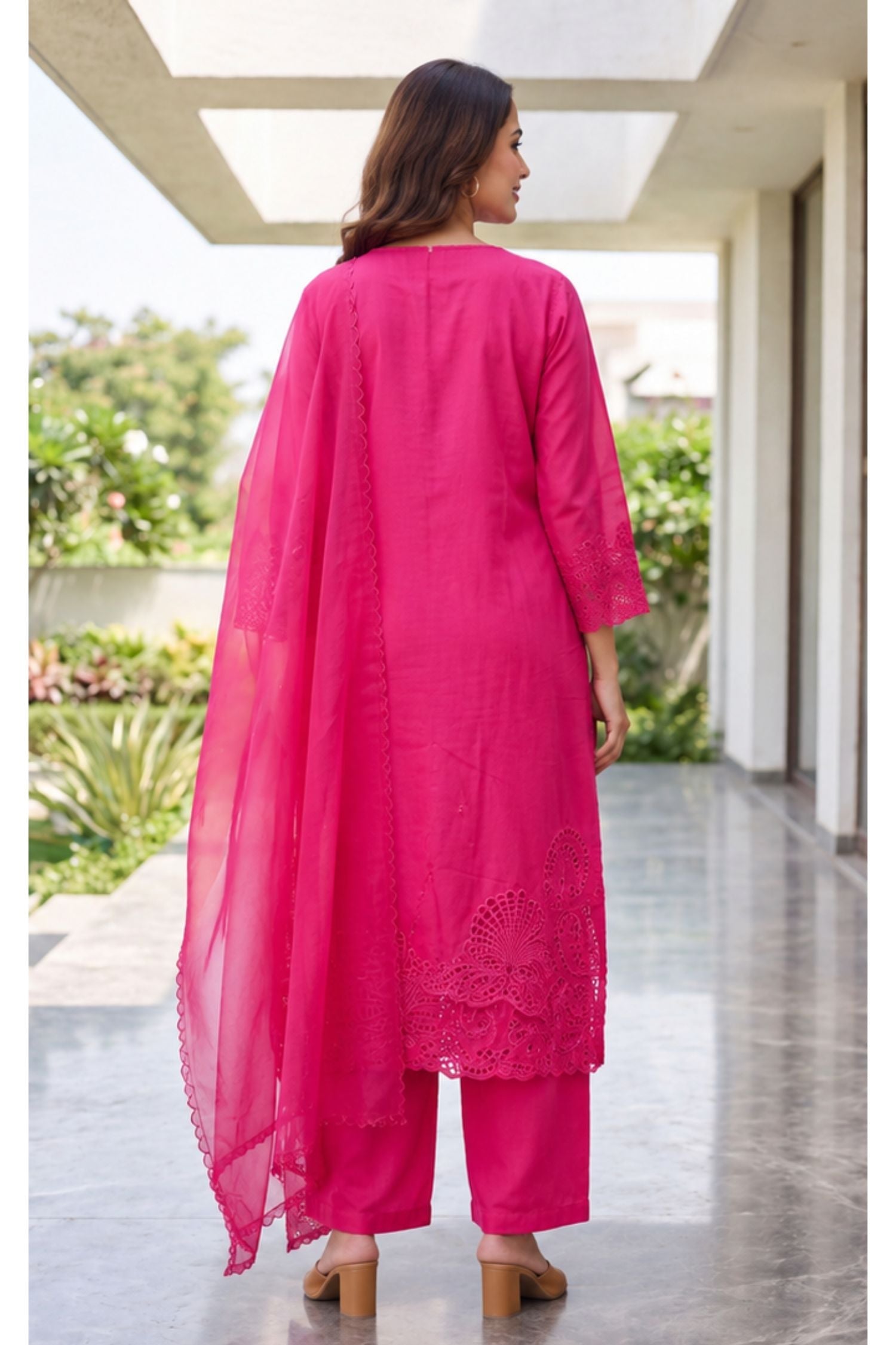 Freyaa Magenta Pink Mul Chanderi Straight Kurta Set With Intricate Cutwork Lace Hem and Dupatta.