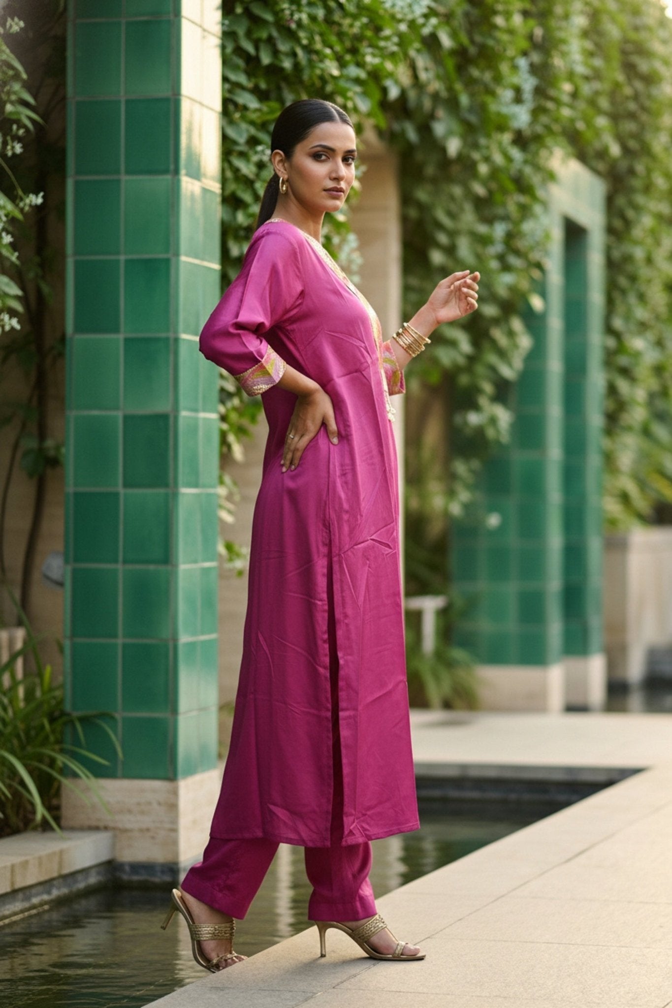 Pink Printed Cotton Co-ord Set with Embroidery - Freyaa USA & Canada
