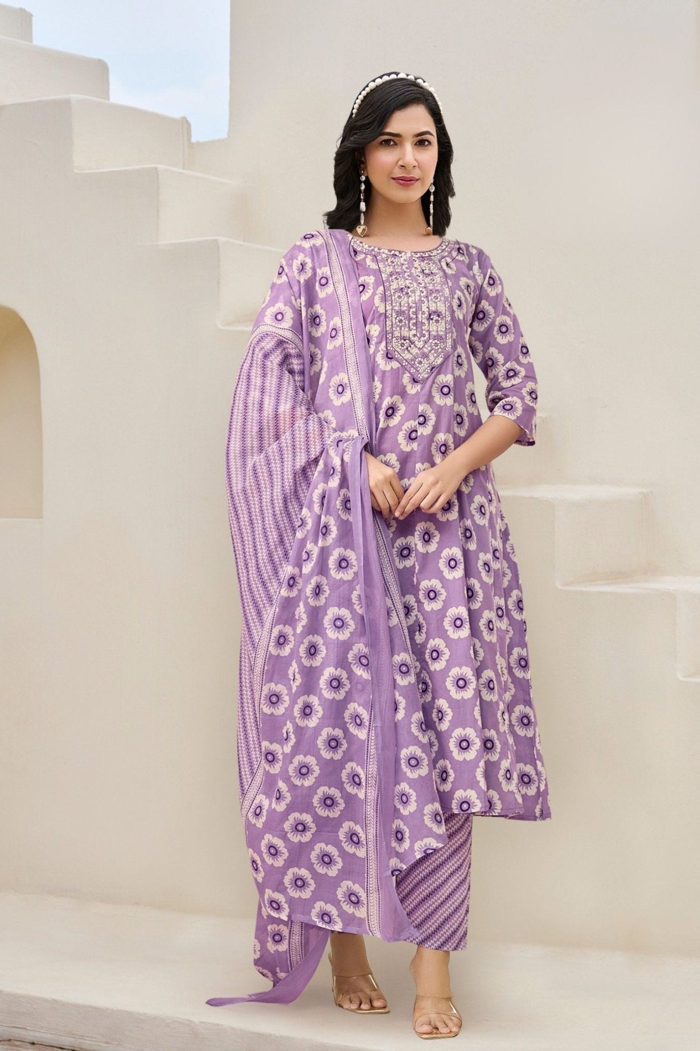 Purple V-Neck Embroidered Cotton Floral Printed Kurta Palazzo Dupatta Set - Freyaa USA & Canada