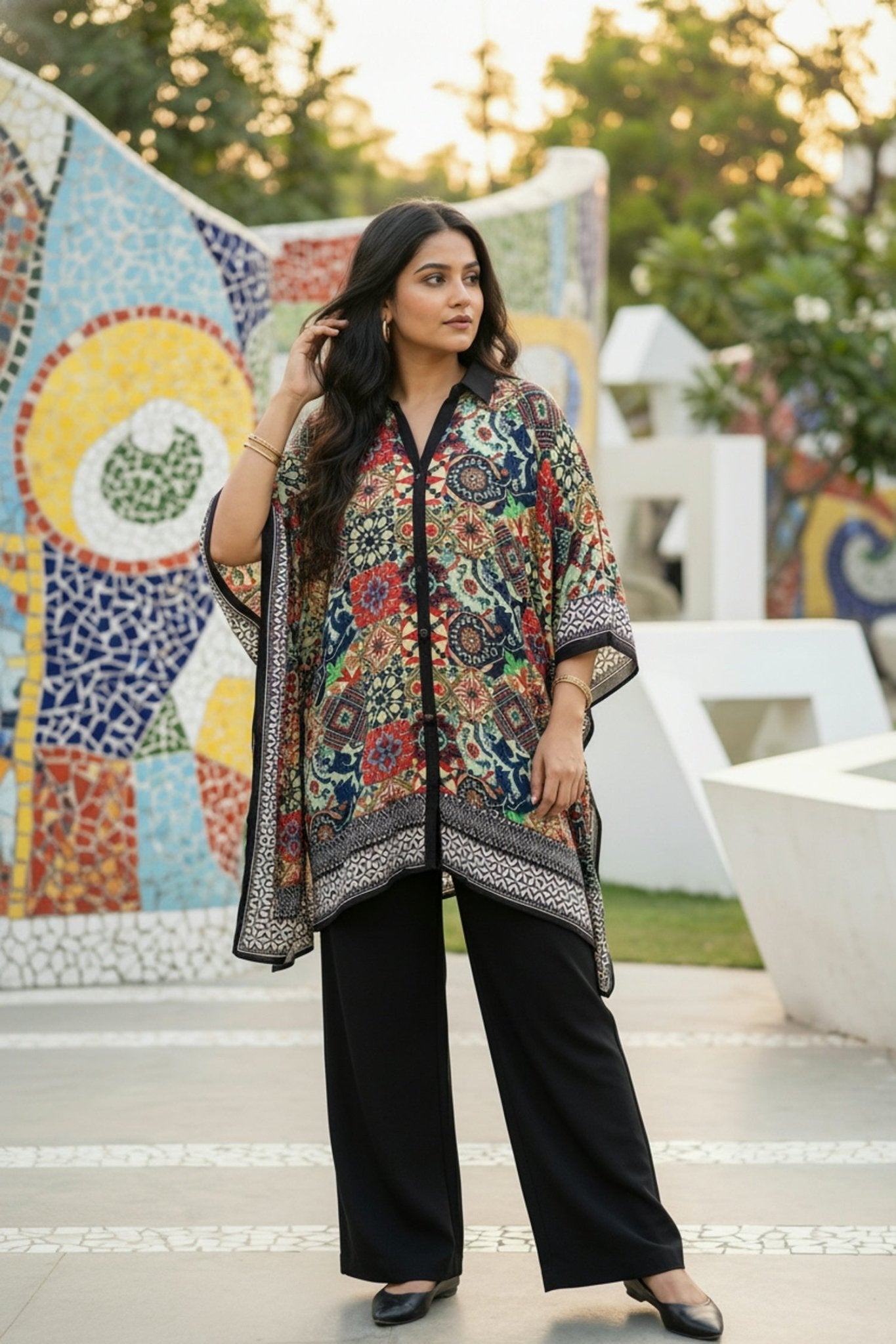 Multicolor Short Kaftan with Digital Print - Freyaa USA & Canada