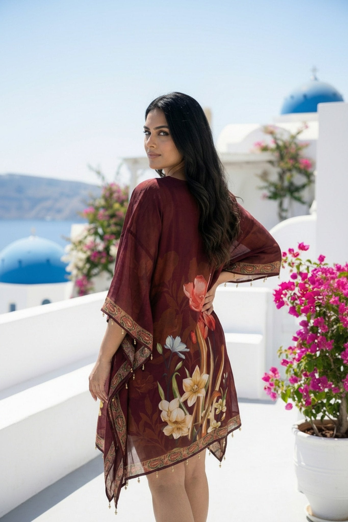 Maroon Floral Charm Short Kaftan - Freyaa USA & Canada