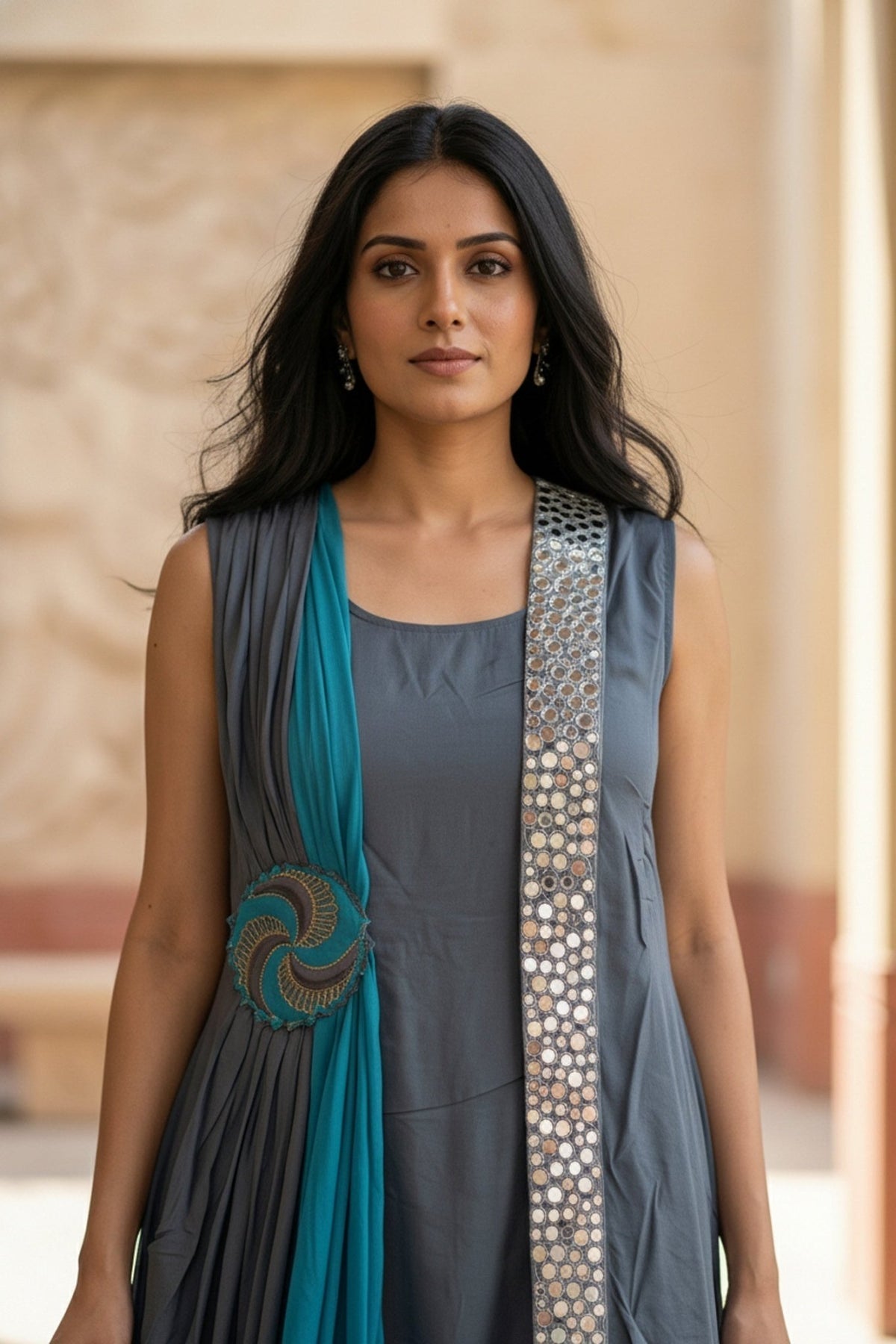 Blue Dress for Women with Embroidery & Layered Design - Freyaa USA & Canada