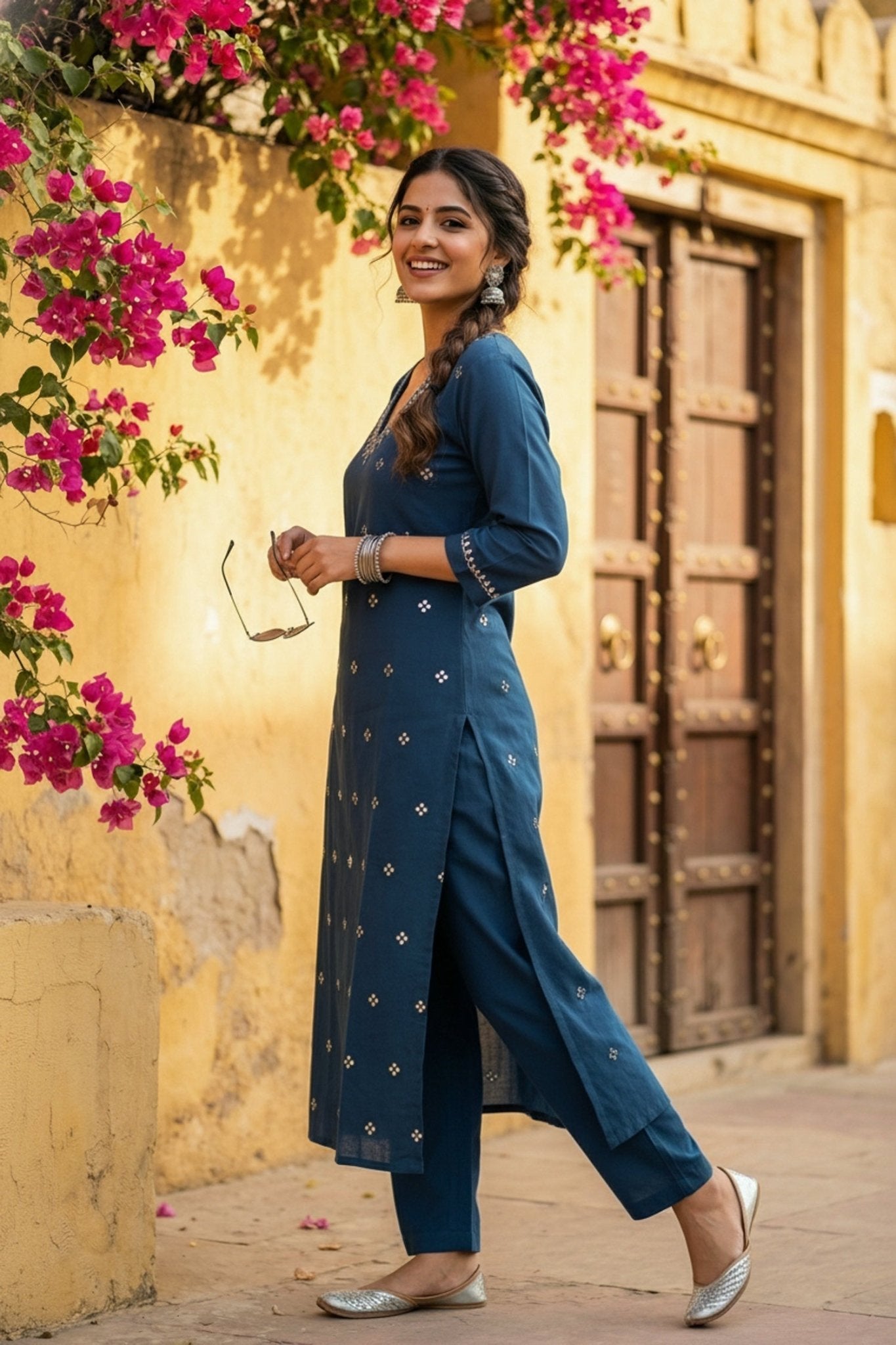 Blue Aura Embroidered Cotton Cord Set - Freyaa USA & Canada