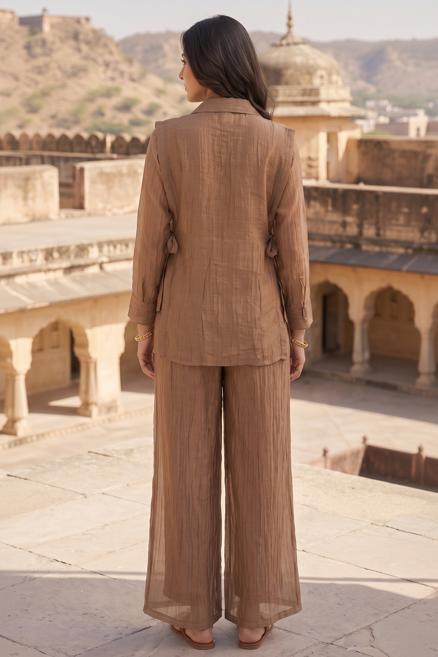 Brown Graceful Tissue intricate Embroidered Jacket Chinon Cord Set
