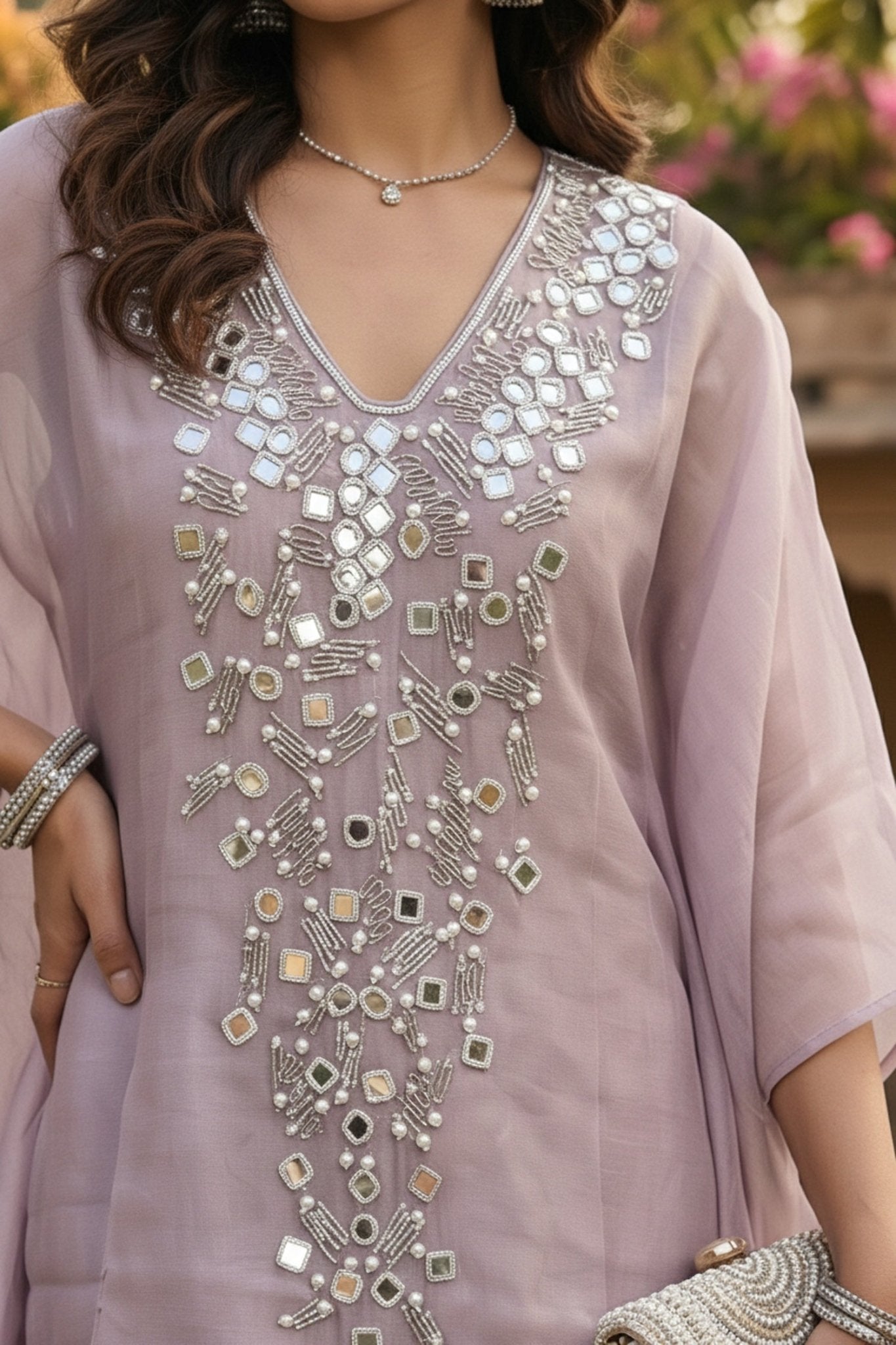 Lilac Satin Kaftan Co-ord Set with Dhoti Pants - Freyaa USA & Canada